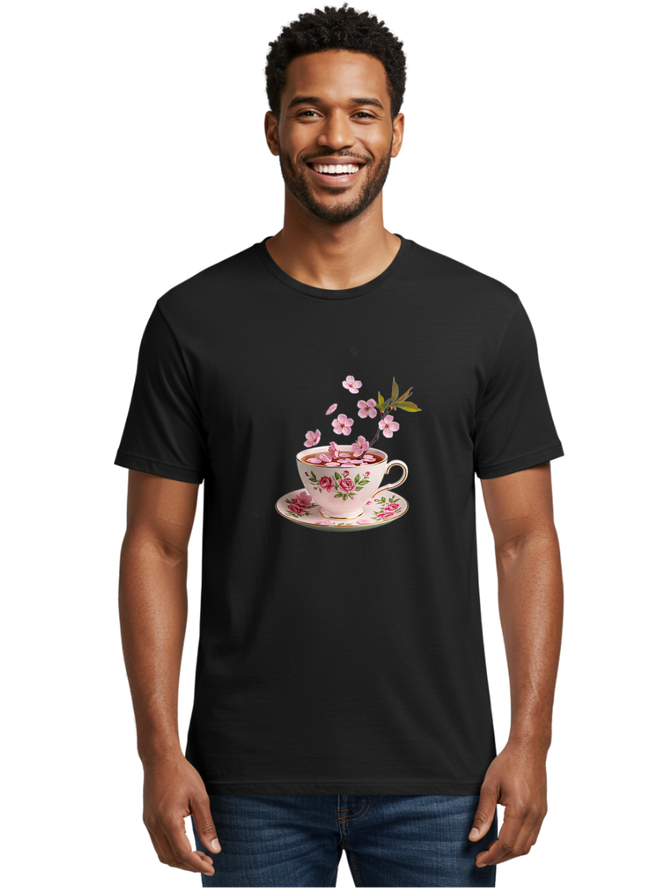 Tea-Cup-With-Cherry-Blossoms-1 Men'S Graphic Tee, 100% Cotton, Comfortable Casual Summer Wear, Machine Washable, Vintage Camera, Old Camera, Antique Camera, Black Camera, Classic Photography, Photography Equipment, Nostalgic Device, Bai446