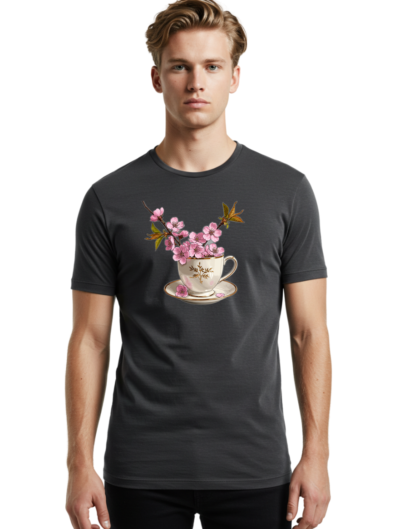 Tea-Cup-With-Cherry-Blossoms-2 Men'S Graphic Tee, 100% Cotton, Comfortable Casual Summer Wear, Machine Washable, Vintage Camera, Old Camera, Antique Camera, Black Camera, Classic Photography, Photography Equipment, Nostalgic Device, Bai447