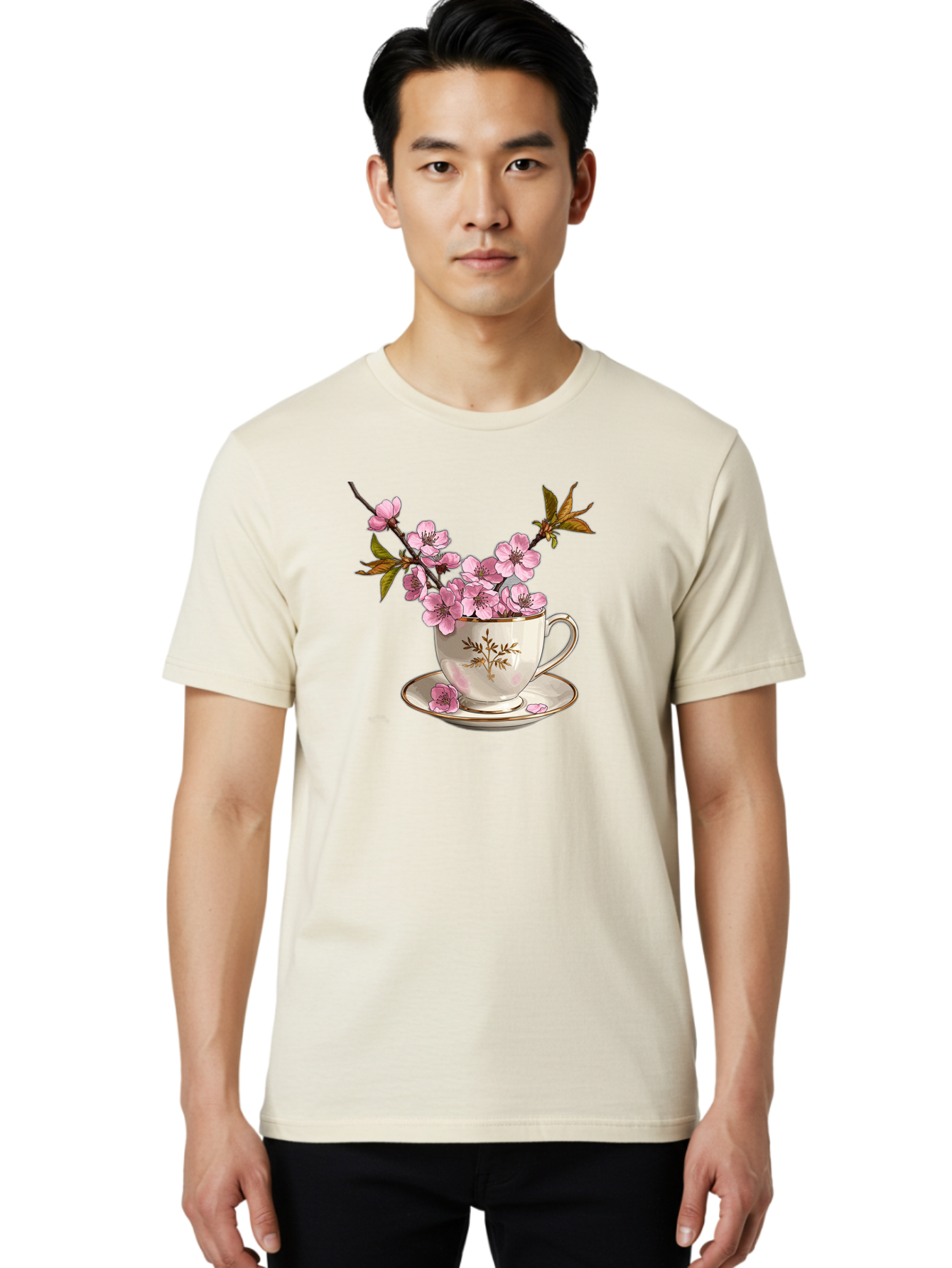 Tea-Cup-With-Cherry-Blossoms-2 Men'S Graphic Tee, 100% Cotton, Comfortable Casual Summer Wear, Machine Washable, Vintage Camera, Old Camera, Antique Camera, Black Camera, Classic Photography, Photography Equipment, Nostalgic Device, Bai447