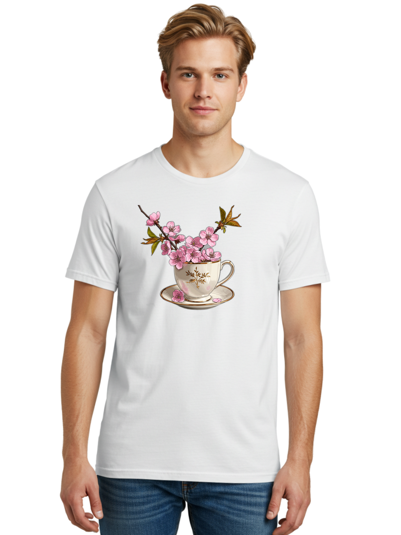 Tea-Cup-With-Cherry-Blossoms-2 Men'S Graphic Tee, 100% Cotton, Comfortable Casual Summer Wear, Machine Washable, Vintage Camera, Old Camera, Antique Camera, Black Camera, Classic Photography, Photography Equipment, Nostalgic Device, Bai447