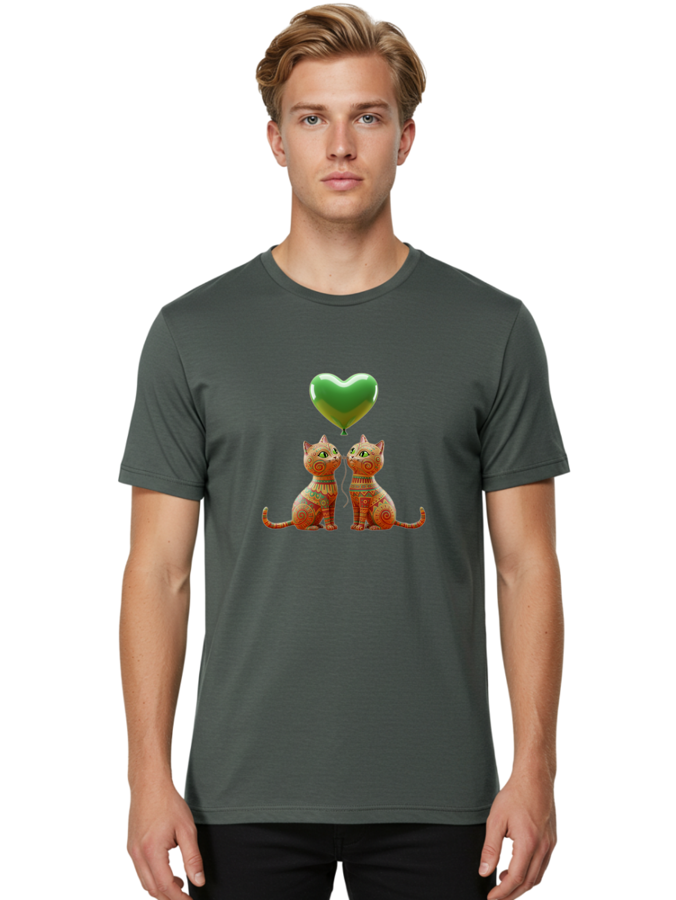 Two-Cats-With-Heart-Balloon-1 Men'S Graphic Tee, 100% Cotton, Comfortable Casual Summer Wear, Machine Washable, Vintage Camera, Old Camera, Antique Camera, Black Camera, Classic Photography, Photography Equipment, Nostalgic Device, Bai489