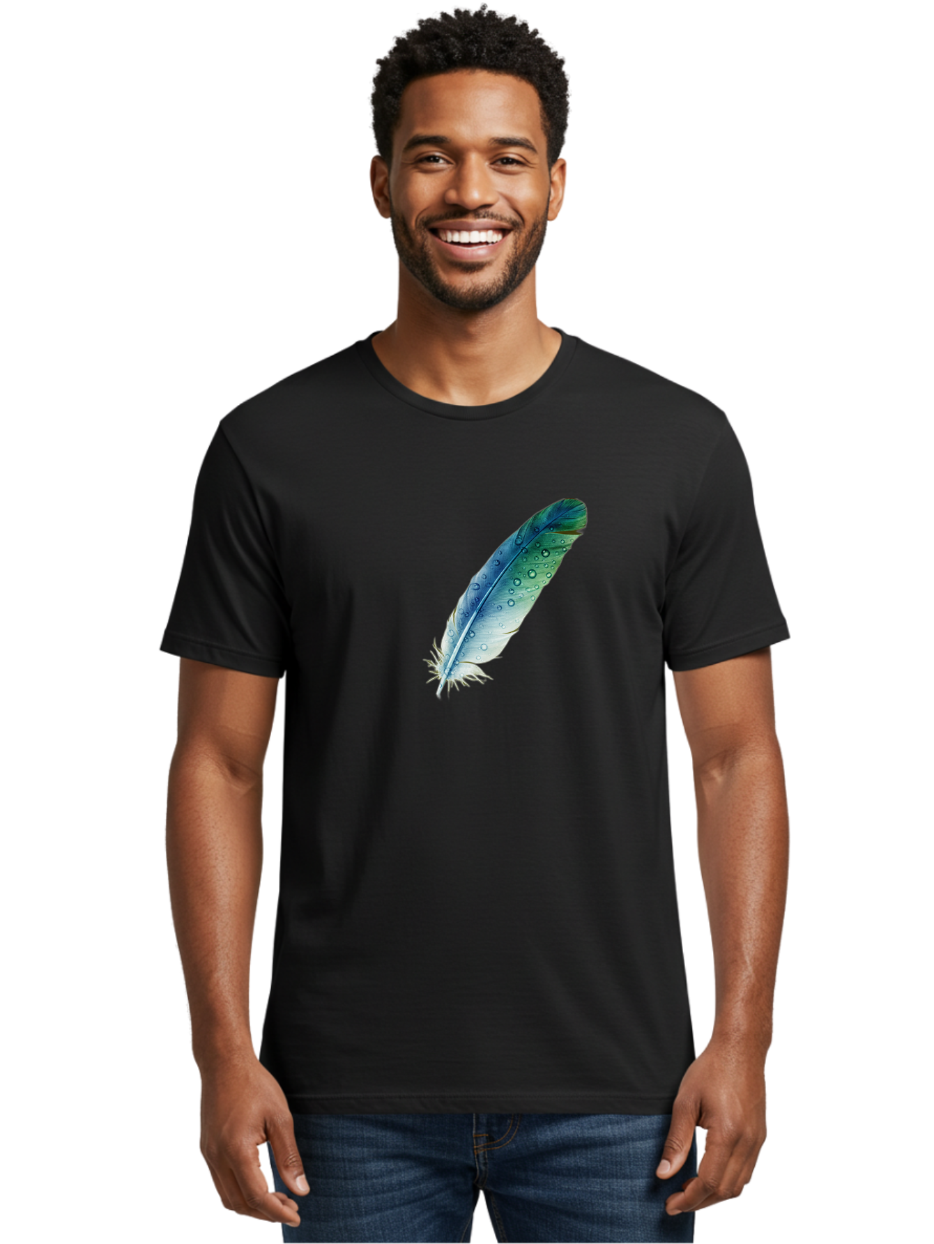 Blue-Feather-With-Water-Droplets Men'S Graphic Tee, 100% Cotton, Comfortable Casual Summer Wear, Machine Washable, Vintage Camera, Old Camera, Antique Camera, Black Camera, Classic Photography, Photography Equipment, Nostalgic Device, Bai598