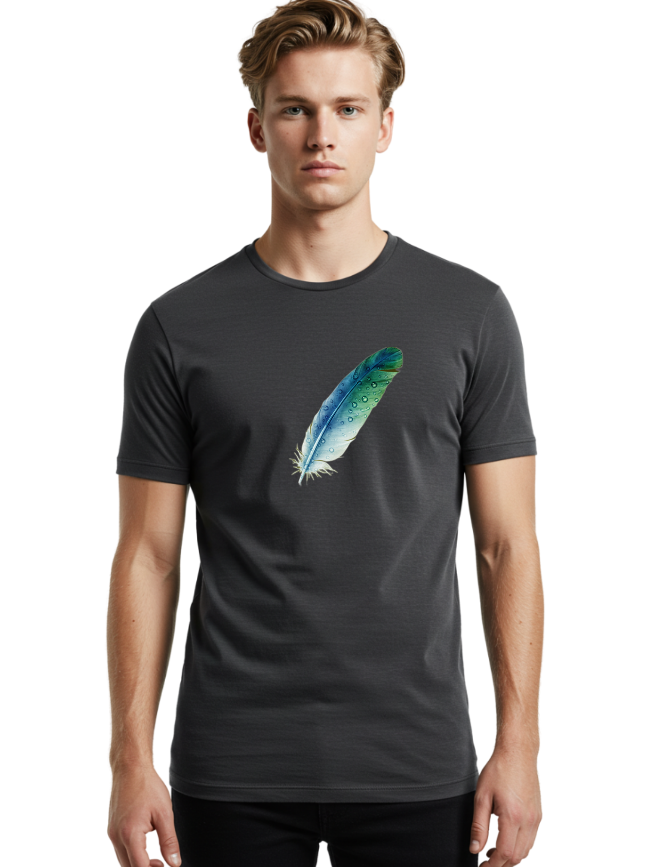 Blue-Feather-With-Water-Droplets Men'S Graphic Tee, 100% Cotton, Comfortable Casual Summer Wear, Machine Washable, Vintage Camera, Old Camera, Antique Camera, Black Camera, Classic Photography, Photography Equipment, Nostalgic Device, Bai598