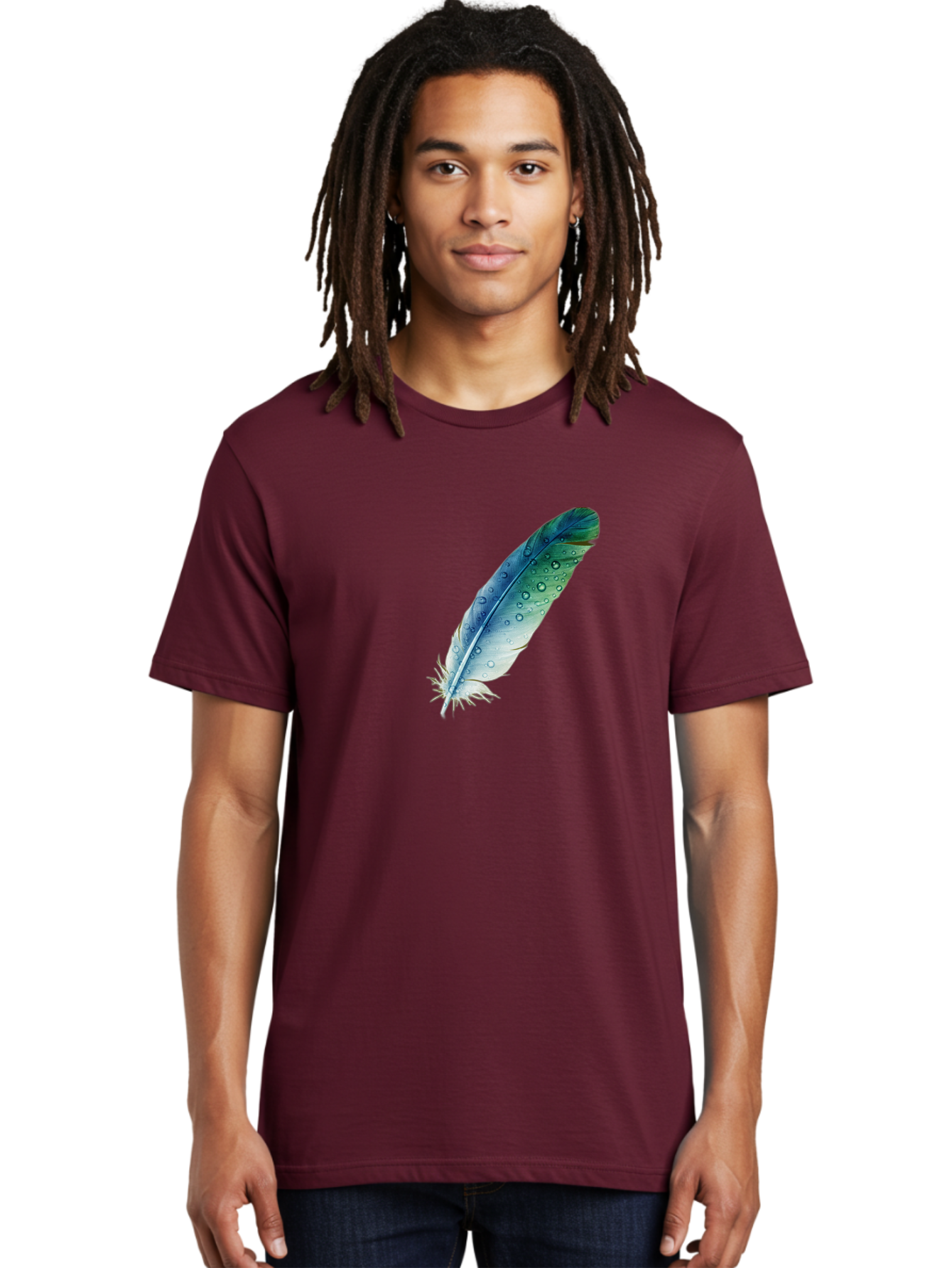 Blue-Feather-With-Water-Droplets Men'S Graphic Tee, 100% Cotton, Comfortable Casual Summer Wear, Machine Washable, Vintage Camera, Old Camera, Antique Camera, Black Camera, Classic Photography, Photography Equipment, Nostalgic Device, Bai598