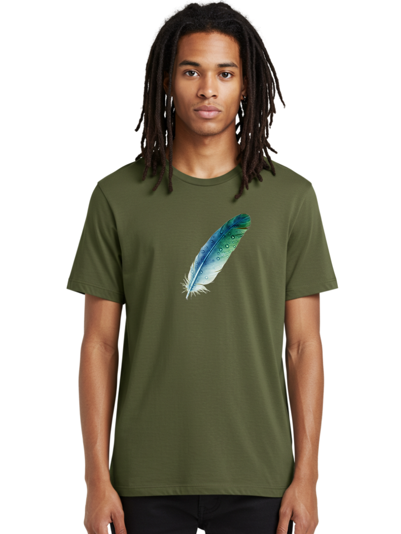Blue-Feather-With-Water-Droplets Men'S Graphic Tee, 100% Cotton, Comfortable Casual Summer Wear, Machine Washable, Vintage Camera, Old Camera, Antique Camera, Black Camera, Classic Photography, Photography Equipment, Nostalgic Device, Bai598