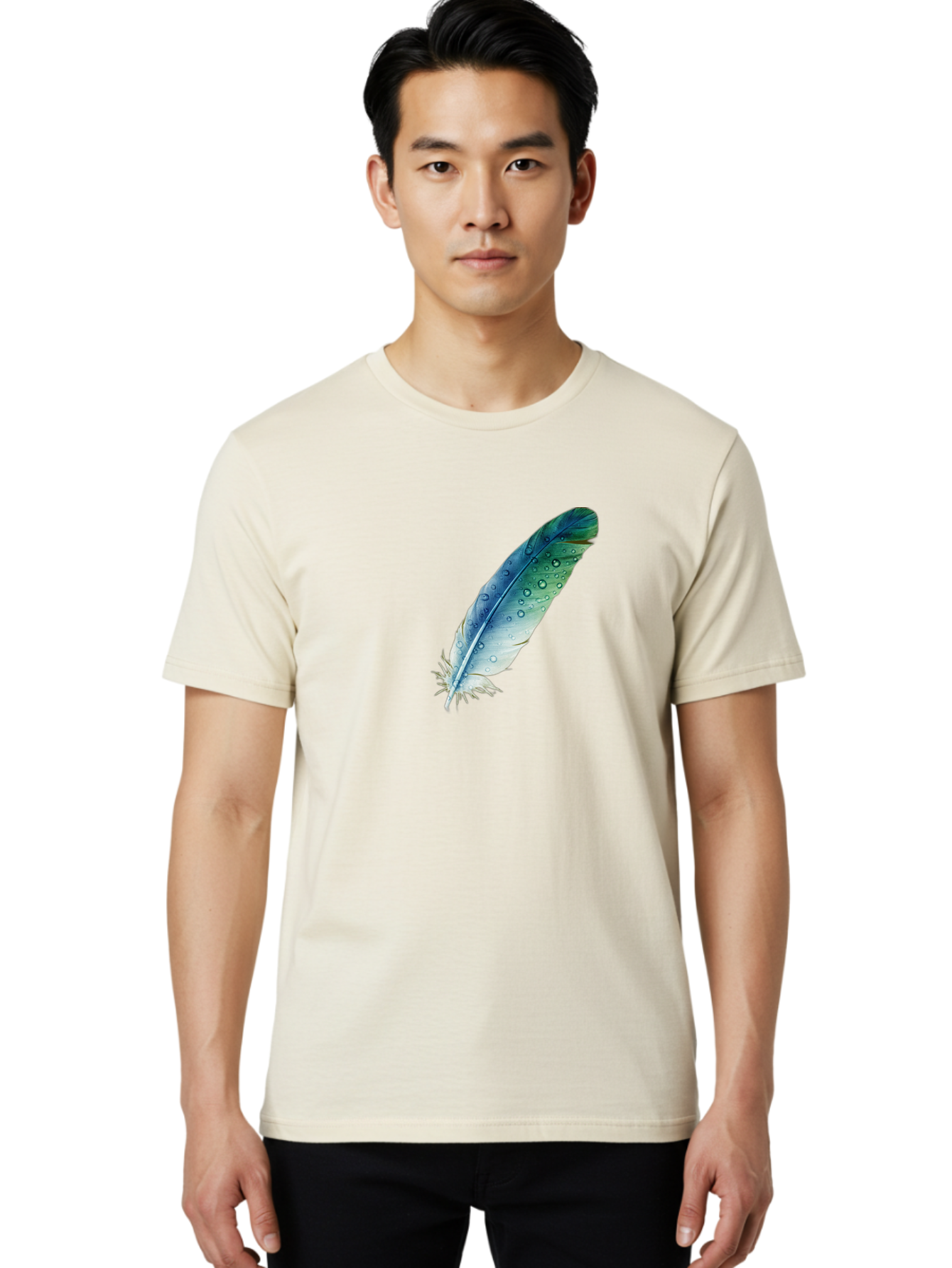 Blue-Feather-With-Water-Droplets Men'S Graphic Tee, 100% Cotton, Comfortable Casual Summer Wear, Machine Washable, Vintage Camera, Old Camera, Antique Camera, Black Camera, Classic Photography, Photography Equipment, Nostalgic Device, Bai598