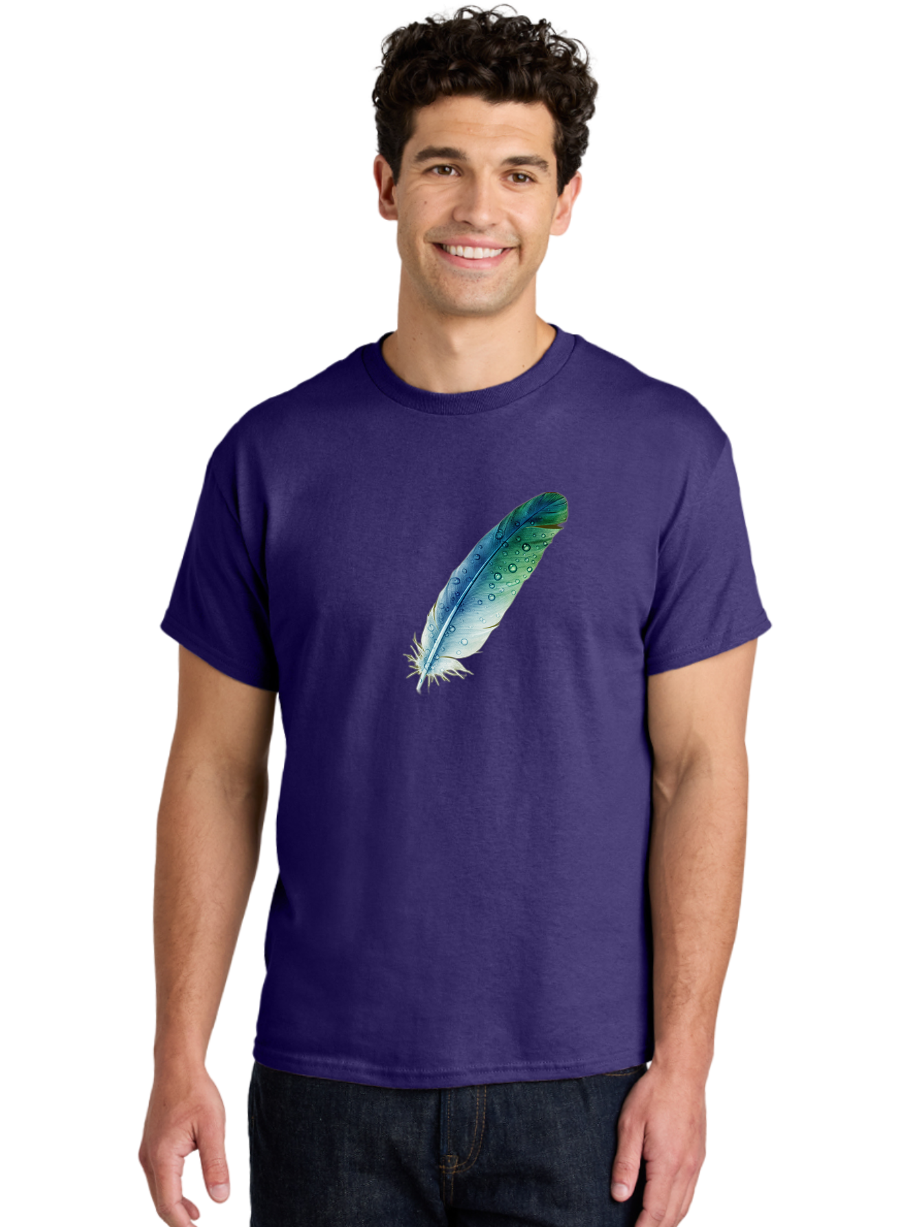 Blue-Feather-With-Water-Droplets Men'S Graphic Tee, 100% Cotton, Comfortable Casual Summer Wear, Machine Washable, Vintage Camera, Old Camera, Antique Camera, Black Camera, Classic Photography, Photography Equipment, Nostalgic Device, Bai598