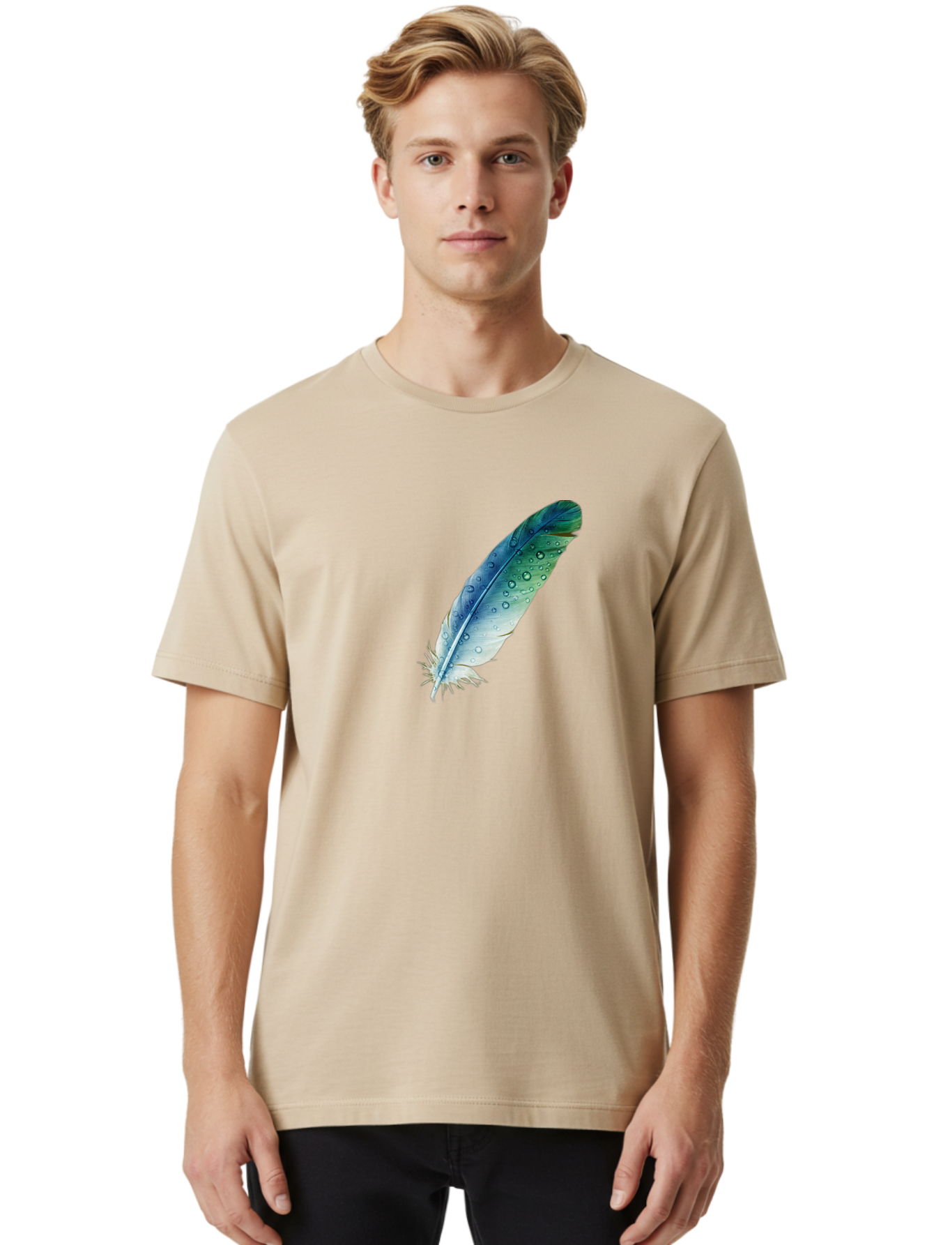 Blue-Feather-With-Water-Droplets Men'S Graphic Tee, 100% Cotton, Comfortable Casual Summer Wear, Machine Washable, Vintage Camera, Old Camera, Antique Camera, Black Camera, Classic Photography, Photography Equipment, Nostalgic Device, Bai598