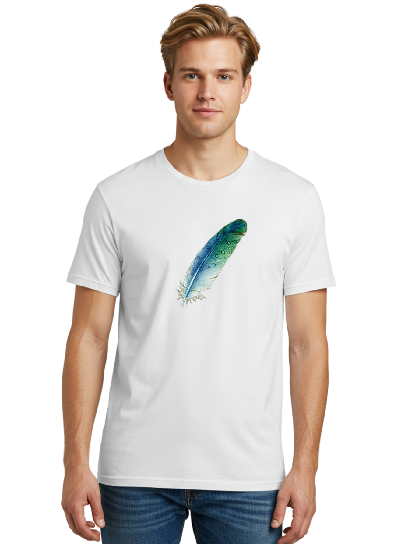 Blue-Feather-With-Water-Droplets Men'S Graphic Tee, 100% Cotton, Comfortable Casual Summer Wear, Machine Washable, Vintage Camera, Old Camera, Antique Camera, Black Camera, Classic Photography, Photography Equipment, Nostalgic Device, Bai598
