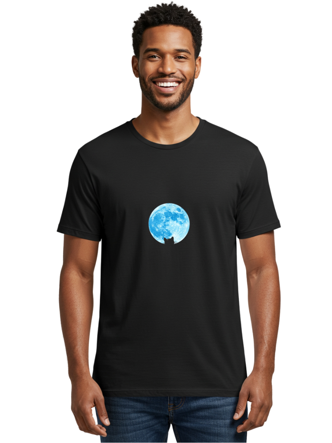Blue-Moon-With-Cat-Silhouette Men'S Graphic Tee, 100% Cotton, Comfortable Casual Summer Wear, Machine Washable, Vintage Camera, Old Camera, Antique Camera, Black Camera, Classic Photography, Photography Equipment, Nostalgic Device, Bai599