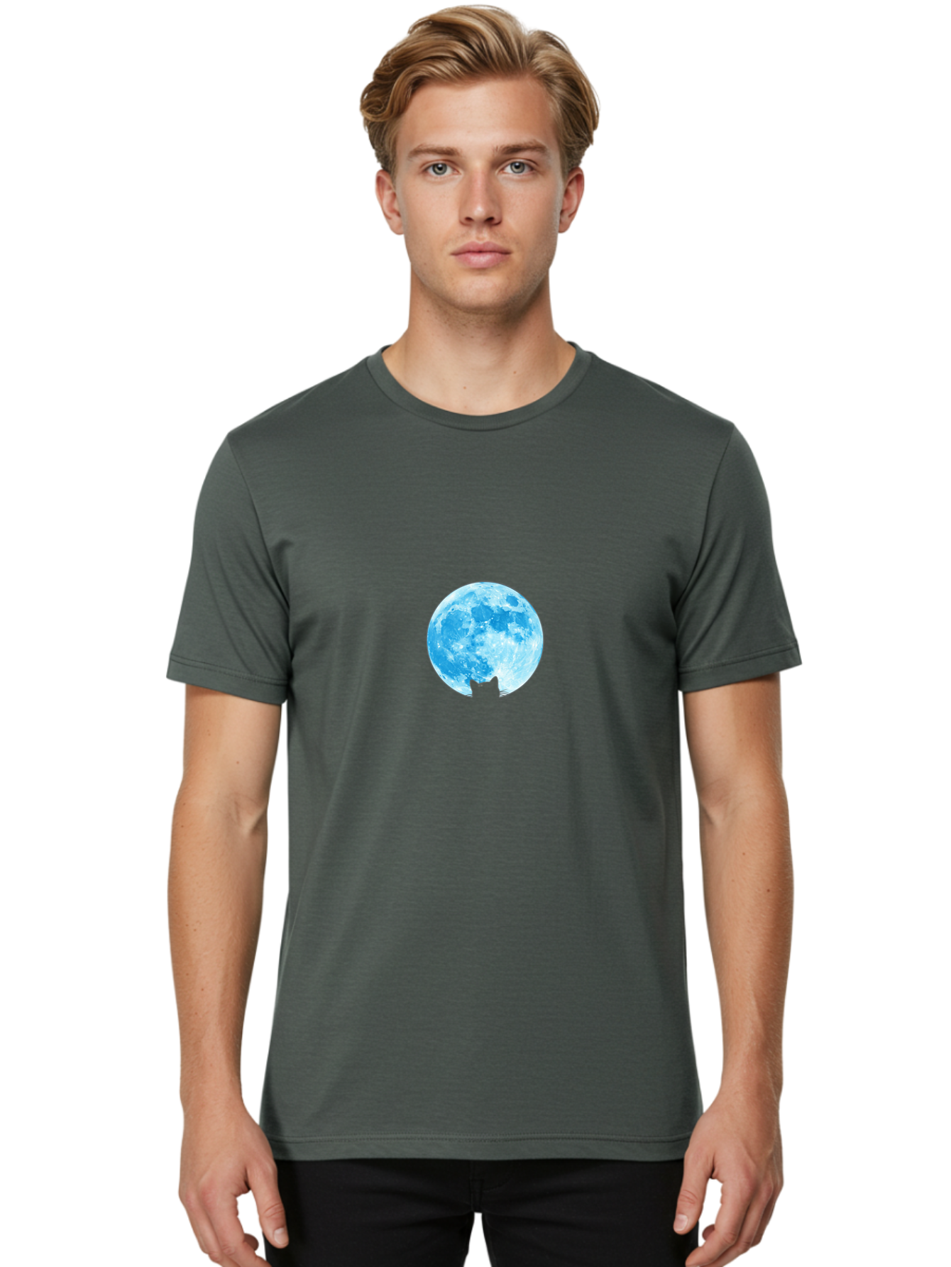 Blue-Moon-With-Cat-Silhouette Men'S Graphic Tee, 100% Cotton, Comfortable Casual Summer Wear, Machine Washable, Vintage Camera, Old Camera, Antique Camera, Black Camera, Classic Photography, Photography Equipment, Nostalgic Device, Bai599