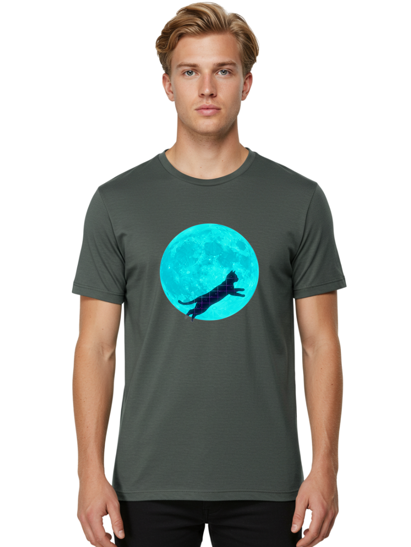 Cat-Silhouette-On-Moon Men'S Graphic Tee, 100% Cotton, Comfortable Casual Summer Wear, Machine Washable, Vintage Camera, Old Camera, Antique Camera, Black Camera, Classic Photography, Photography Equipment, Nostalgic Device, Film Camera, Bai644