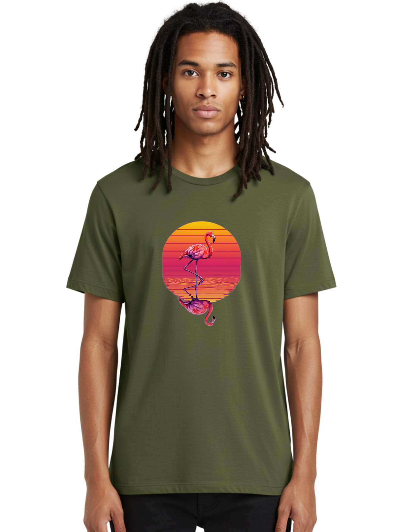 Flamingo-Sunset-1 Men'S Graphic Tee, 100% Cotton, Comfortable Casual Summer Wear, Machine Washable, Vintage Camera, Old Camera, Antique Camera, Black Camera, Classic Photography, Photography Equipment, Nostalgic Device, Film Camera, Camera Art Bai849