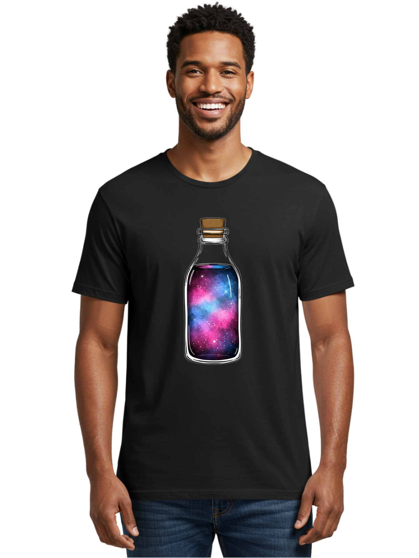 Galaxy-In-Bottle-2 Men'S Graphic Tee, 100% Cotton, Comfortable Casual Summer Wear, Machine Washable, Vintage Camera, Old Camera, Antique Camera, Black Camera, Classic Photography, Photography Equipment, Nostalgic Device, Film Camera, Baj031