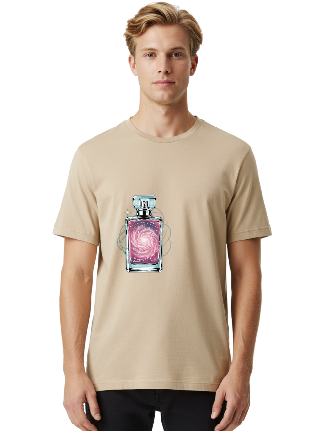 Galaxy-Perfume-Bottle-3 Men'S Graphic Tee, 100% Cotton, Comfortable Casual Summer Wear, Machine Washable, Vintage Camera, Old Camera, Antique Camera, Black Camera, Classic Photography, Photography Equipment, Nostalgic Device, Film Camera, Baj052