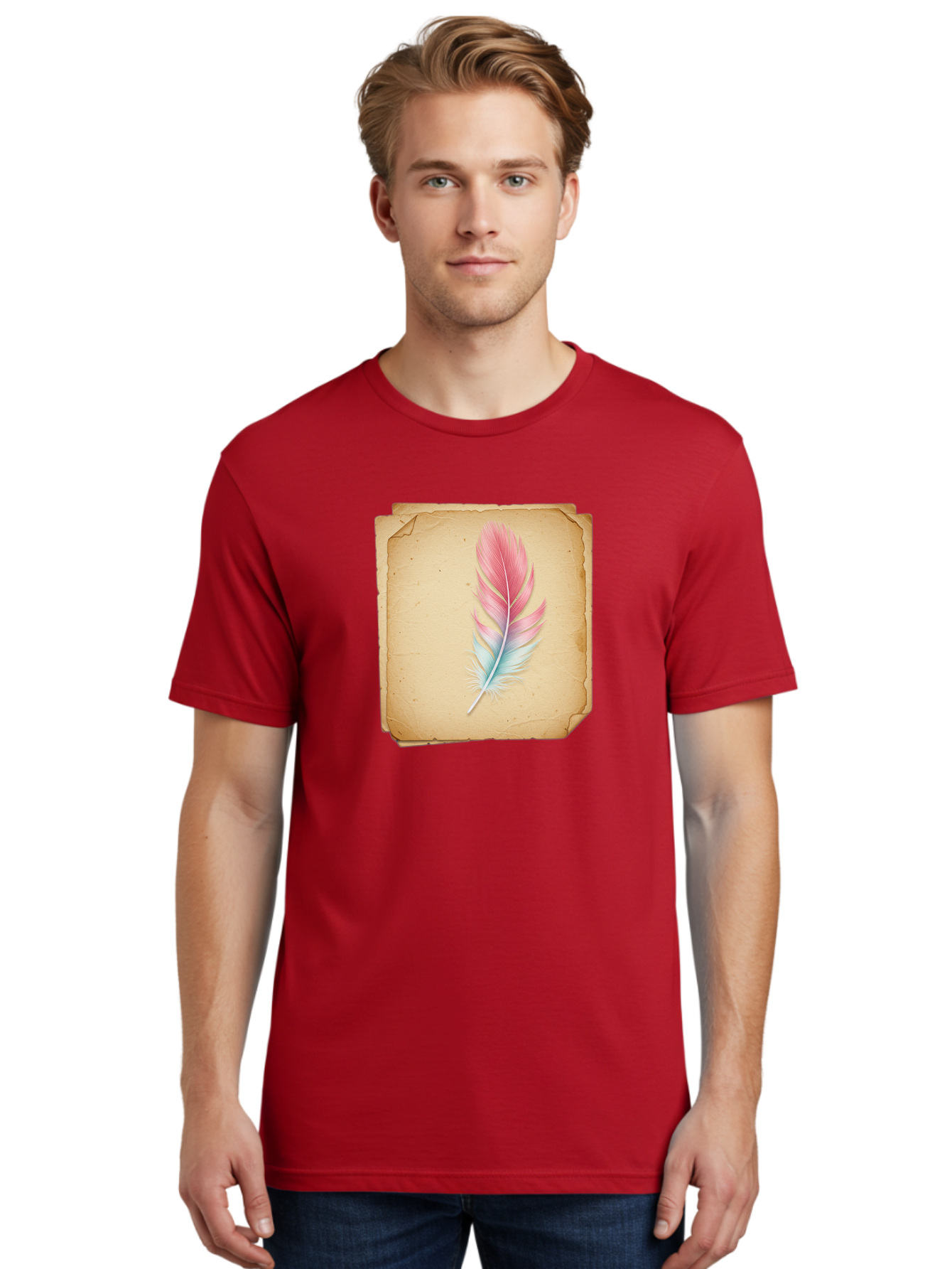 Pink-And-Blue-Feather Men'S Graphic Tee, 100% Cotton, Comfortable Casual Summer Wear, Machine Washable, Vintage Camera, Old Camera, Antique Camera, Black Camera, Classic Photography, Photography Equipment, Nostalgic Device, Film Camera, Baj163