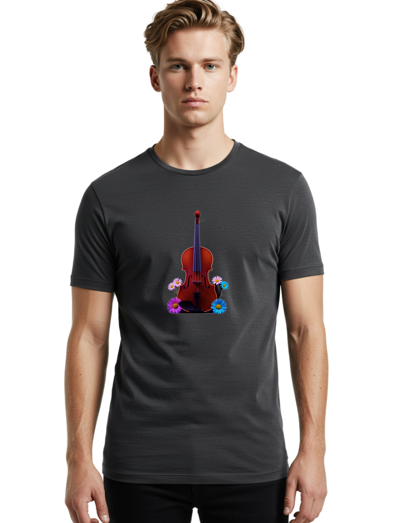 Violin-With-Flowers-1 Men'S Graphic Tee, 100% Cotton, Comfortable Casual Summer Wear, Machine Washable, Vintage Camera, Old Camera, Antique Camera, Black Camera, Classic Photography, Photography Equipment, Nostalgic Device, Film Camera, Baj862