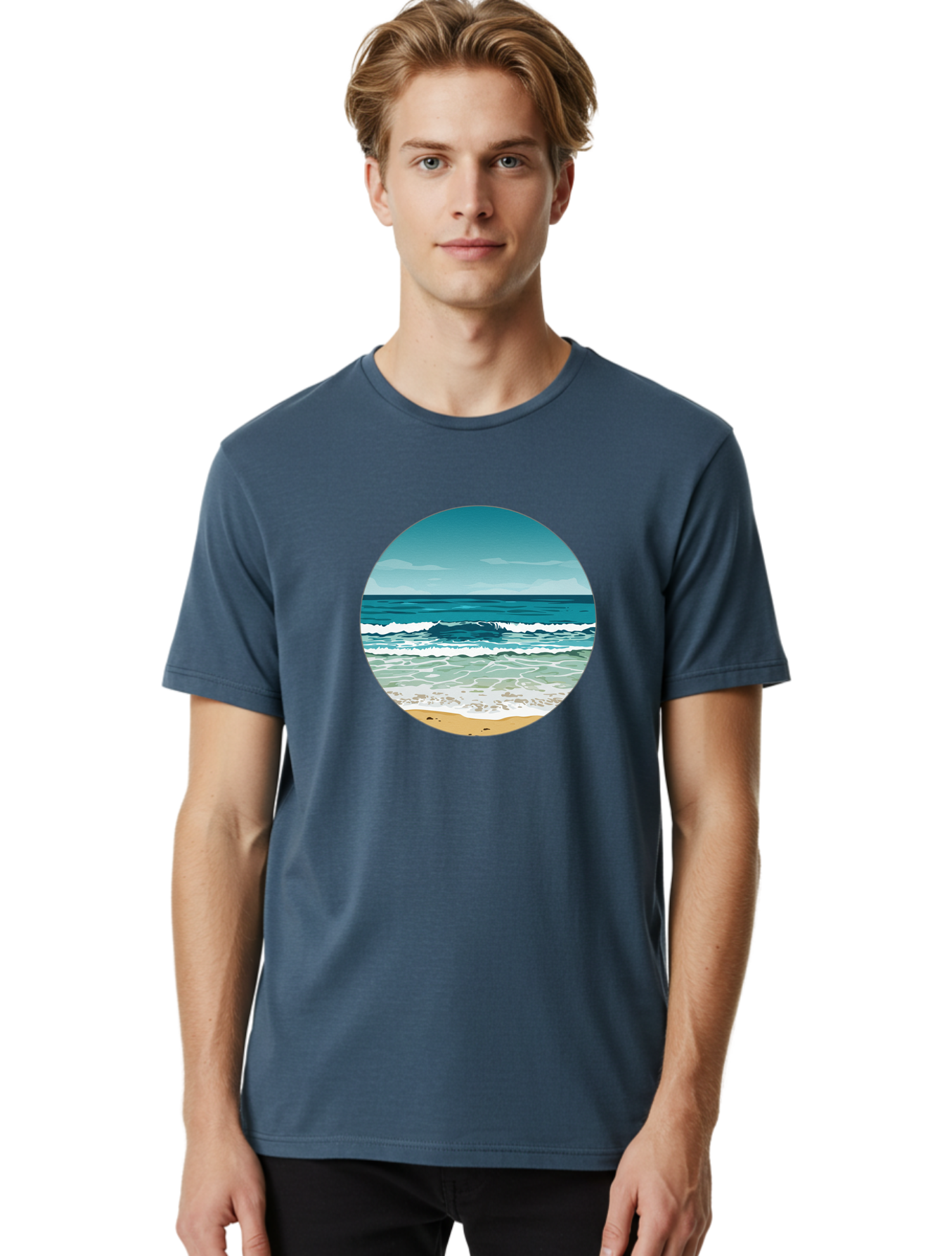 Beach-Scene-1 Men'S Graphic Tee, 100% Cotton, Comfortable Casual Summer Wear, Machine Washable, Vintage Camera, Old Camera, Antique Camera, Black Camera, Classic Photography, Photography Equipment, Nostalgic Device, Film Camera, Camera Art Bak036