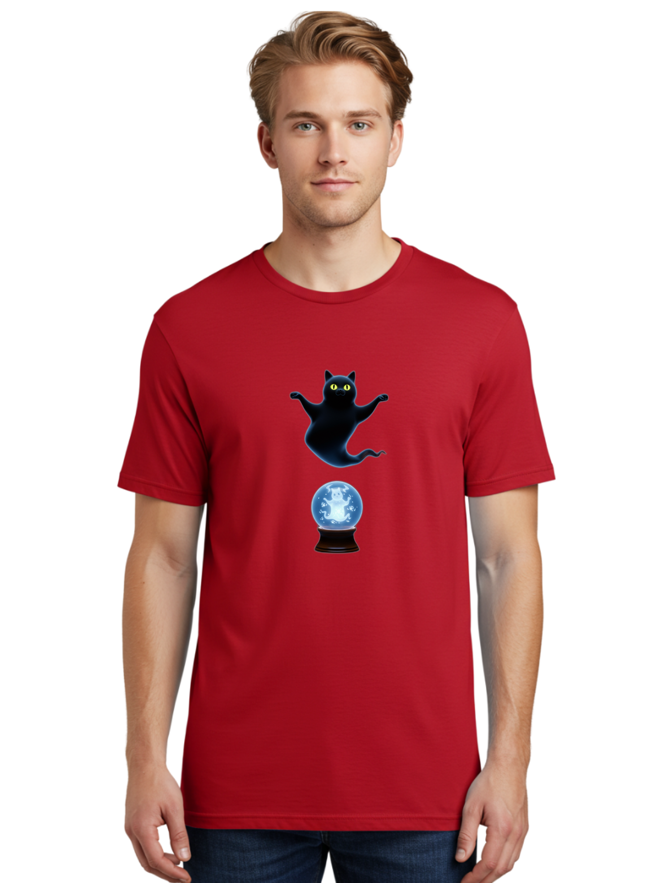 Black-Cat-And-Crystal-Ball Men'S Graphic Tee, 100% Cotton, Comfortable Casual Summer Wear, Machine Washable, Vintage Camera, Old Camera, Antique Camera, Black Camera, Classic Photography, Photography Equipment, Nostalgic Device, Film Camera, Bak061