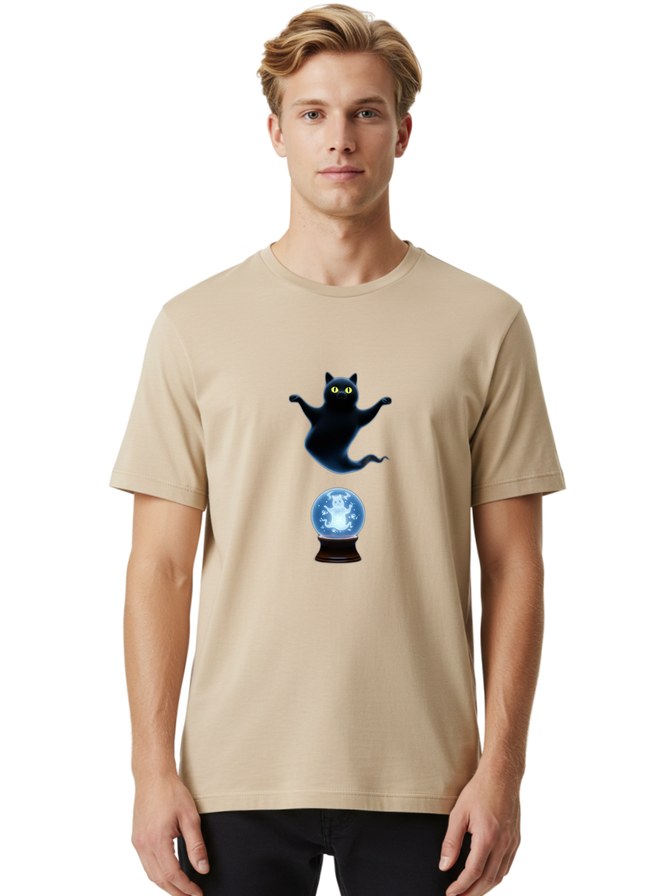 Black-Cat-And-Crystal-Ball Men'S Graphic Tee, 100% Cotton, Comfortable Casual Summer Wear, Machine Washable, Vintage Camera, Old Camera, Antique Camera, Black Camera, Classic Photography, Photography Equipment, Nostalgic Device, Film Camera, Bak061