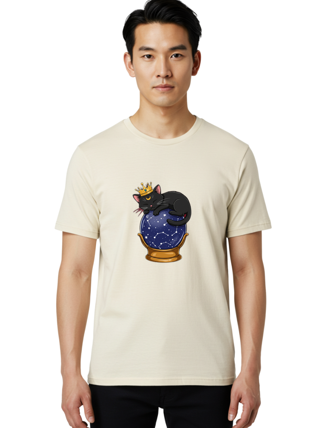 Black-Cat-On-Crystal-Ball-1 Men'S Graphic Tee, 100% Cotton, Comfortable Casual Summer Wear, Machine Washable, Vintage Camera, Old Camera, Antique Camera, Black Camera, Classic Photography, Photography Equipment, Nostalgic Device, Film Camera, Bak063