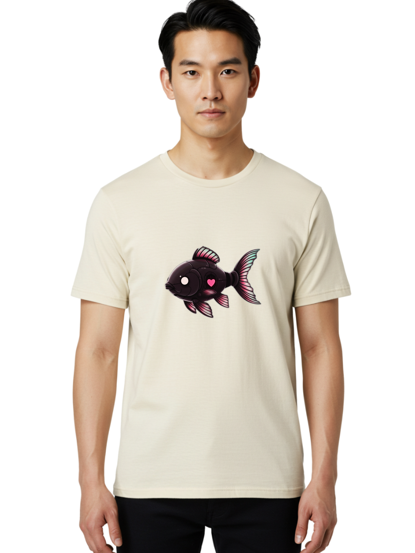 Black-Fish-With-Pink-Heart Men'S Graphic Tee, 100% Cotton, Comfortable Casual Summer Wear, Machine Washable, Vintage Camera, Old Camera, Antique Camera, Black Camera, Classic Photography, Photography Equipment, Nostalgic Device, Film Camera, Bak067