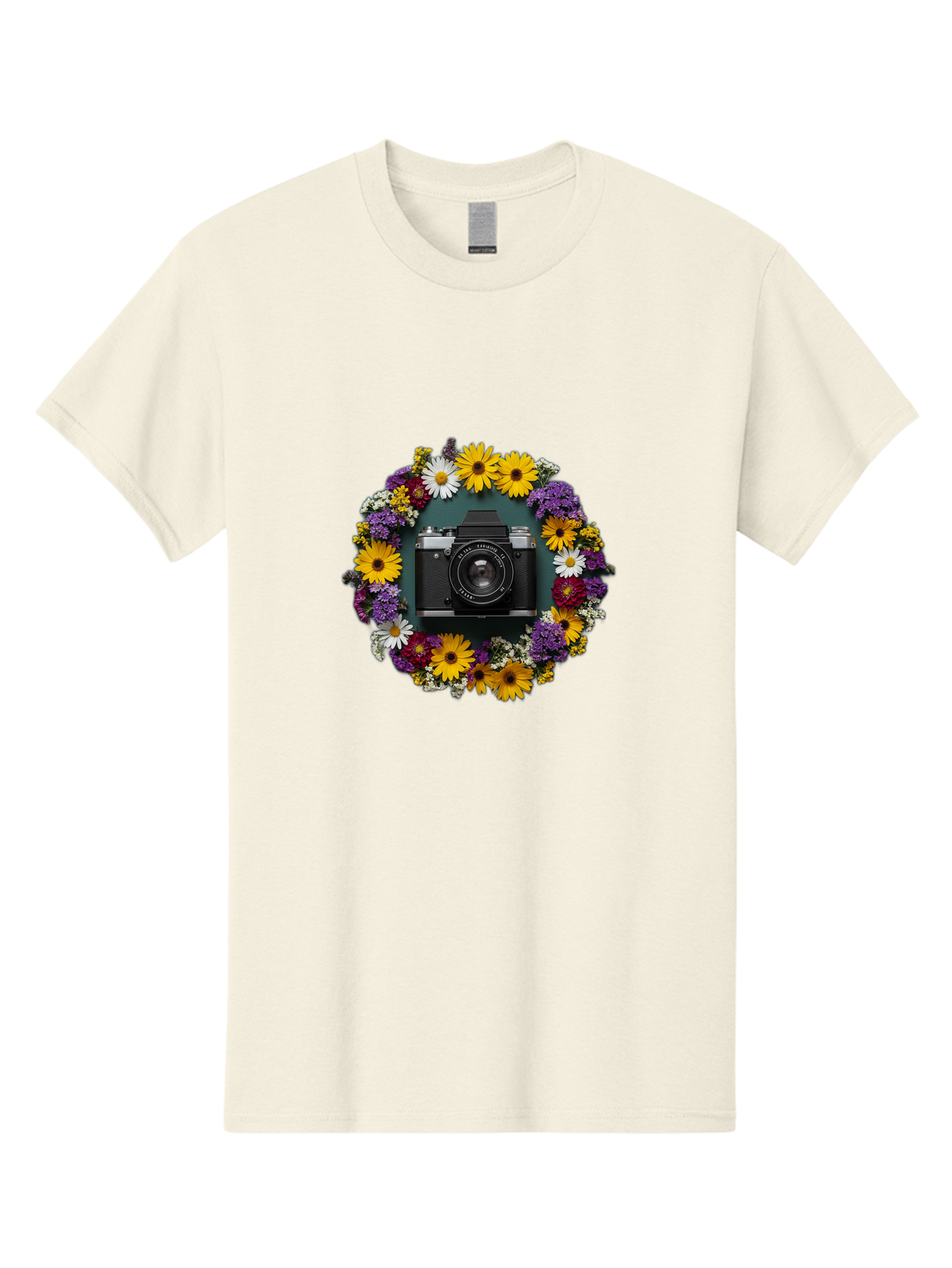 Camera-Lens-Surrounded-By-Flowers Men'S Graphic Tee, 100% Cotton, Comfortable Casual Summer Wear, Machine Washable, Vintage Camera, Old Camera, Antique Camera, Black Camera, Classic Photography, Photography Equipment, Nostalgic Device, Bak168