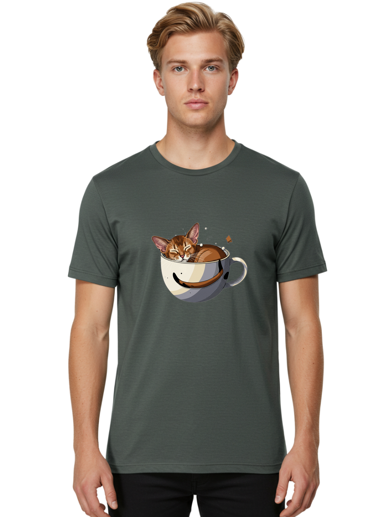 Cat-In-Coffee-Cup-3 Men'S Graphic Tee, 100% Cotton, Comfortable Casual Summer Wear, Machine Washable, Vintage Camera, Old Camera, Antique Camera, Black Camera, Classic Photography, Photography Equipment, Nostalgic Device, Film Camera, Bak195
