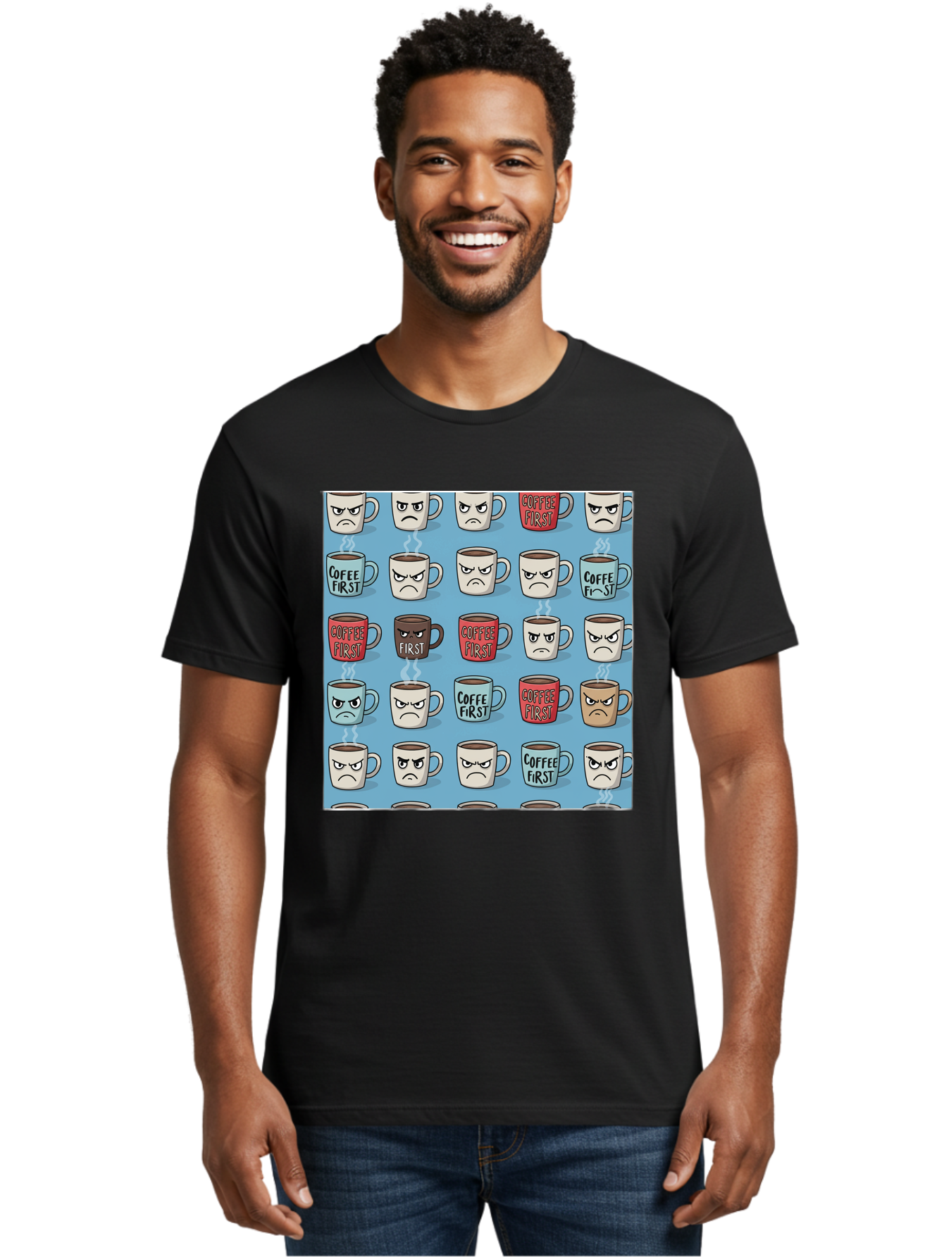 Coffee-First-1 Men'S Graphic Tee, 100% Cotton, Comfortable Casual Summer Wear, Machine Washable, Vintage Camera, Old Camera, Antique Camera, Black Camera, Classic Photography, Photography Equipment, Nostalgic Device, Film Camera, Camera Art Bak279