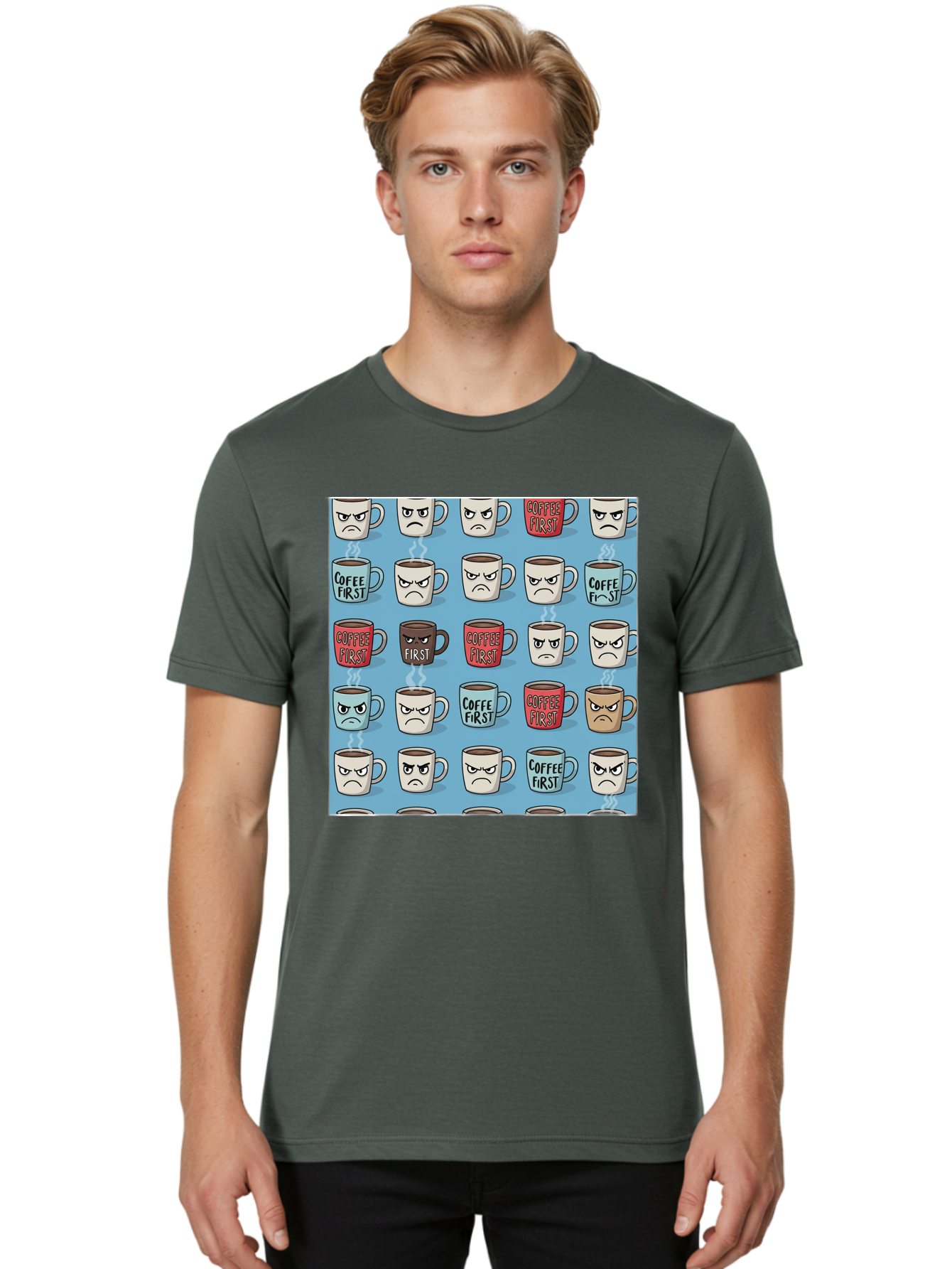 Coffee-First-1 Men'S Graphic Tee, 100% Cotton, Comfortable Casual Summer Wear, Machine Washable, Vintage Camera, Old Camera, Antique Camera, Black Camera, Classic Photography, Photography Equipment, Nostalgic Device, Film Camera, Camera Art Bak279