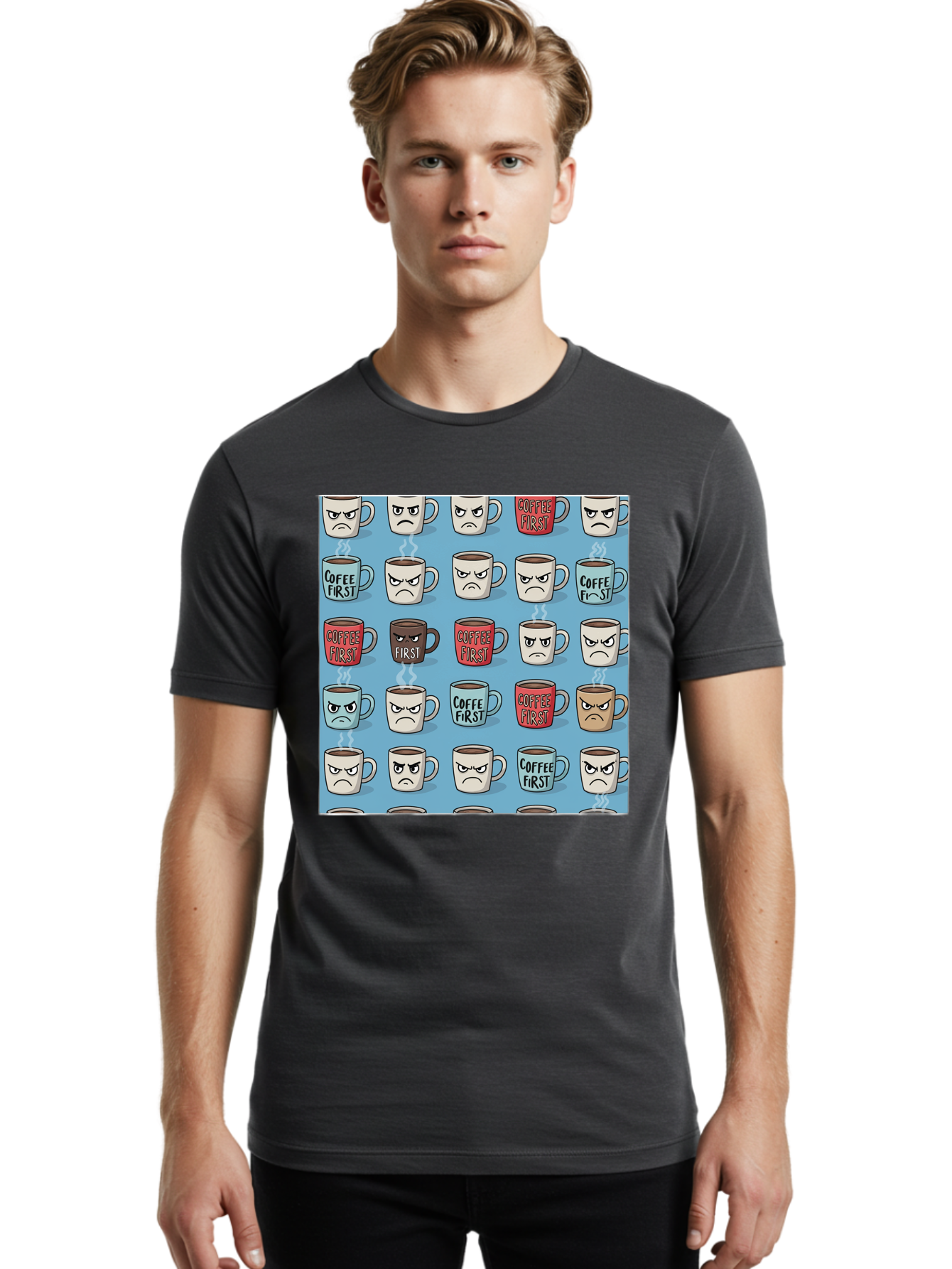 Coffee-First-1 Men'S Graphic Tee, 100% Cotton, Comfortable Casual Summer Wear, Machine Washable, Vintage Camera, Old Camera, Antique Camera, Black Camera, Classic Photography, Photography Equipment, Nostalgic Device, Film Camera, Camera Art Bak279