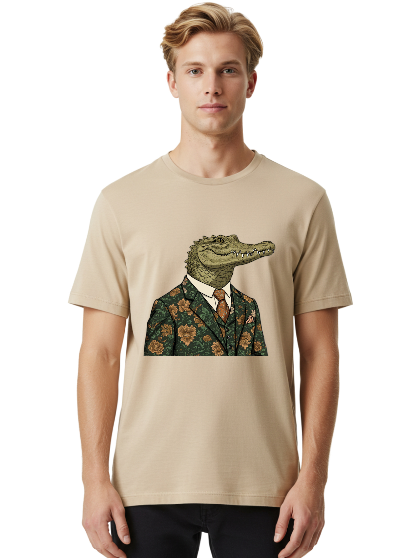 Crocodile-In-Floral-Suit Men'S Graphic Tee, 100% Cotton, Comfortable Casual Summer Wear, Machine Washable, Vintage Camera, Old Camera, Antique Camera, Black Camera, Classic Photography, Photography Equipment, Nostalgic Device, Film Camera, Bak322