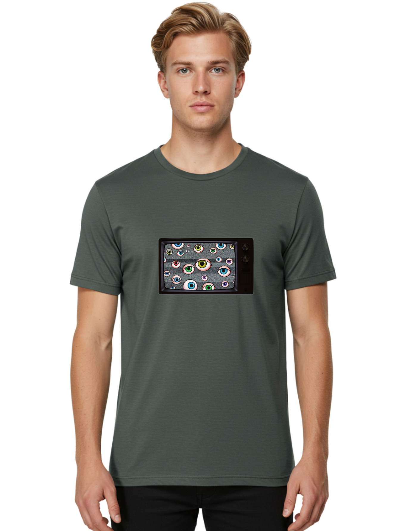 Eyes-On-Phone-Screen Men'S Graphic Tee, 100% Cotton, Comfortable Casual Summer Wear, Machine Washable, Vintage Camera, Old Camera, Antique Camera, Black Camera, Classic Photography, Photography Equipment, Nostalgic Device, Film Camera, Bak534