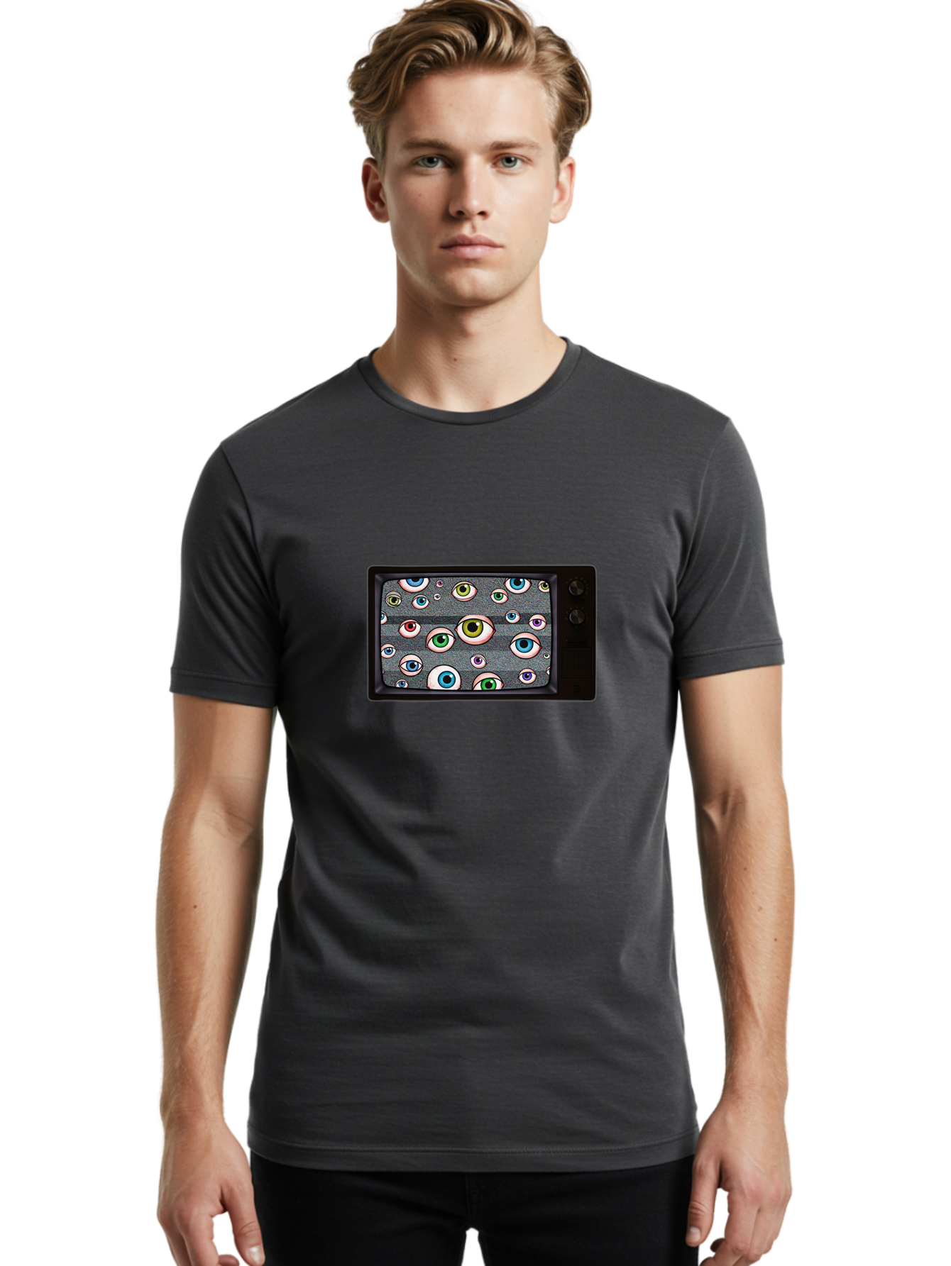 Eyes-On-Phone-Screen Men'S Graphic Tee, 100% Cotton, Comfortable Casual Summer Wear, Machine Washable, Vintage Camera, Old Camera, Antique Camera, Black Camera, Classic Photography, Photography Equipment, Nostalgic Device, Film Camera, Bak534