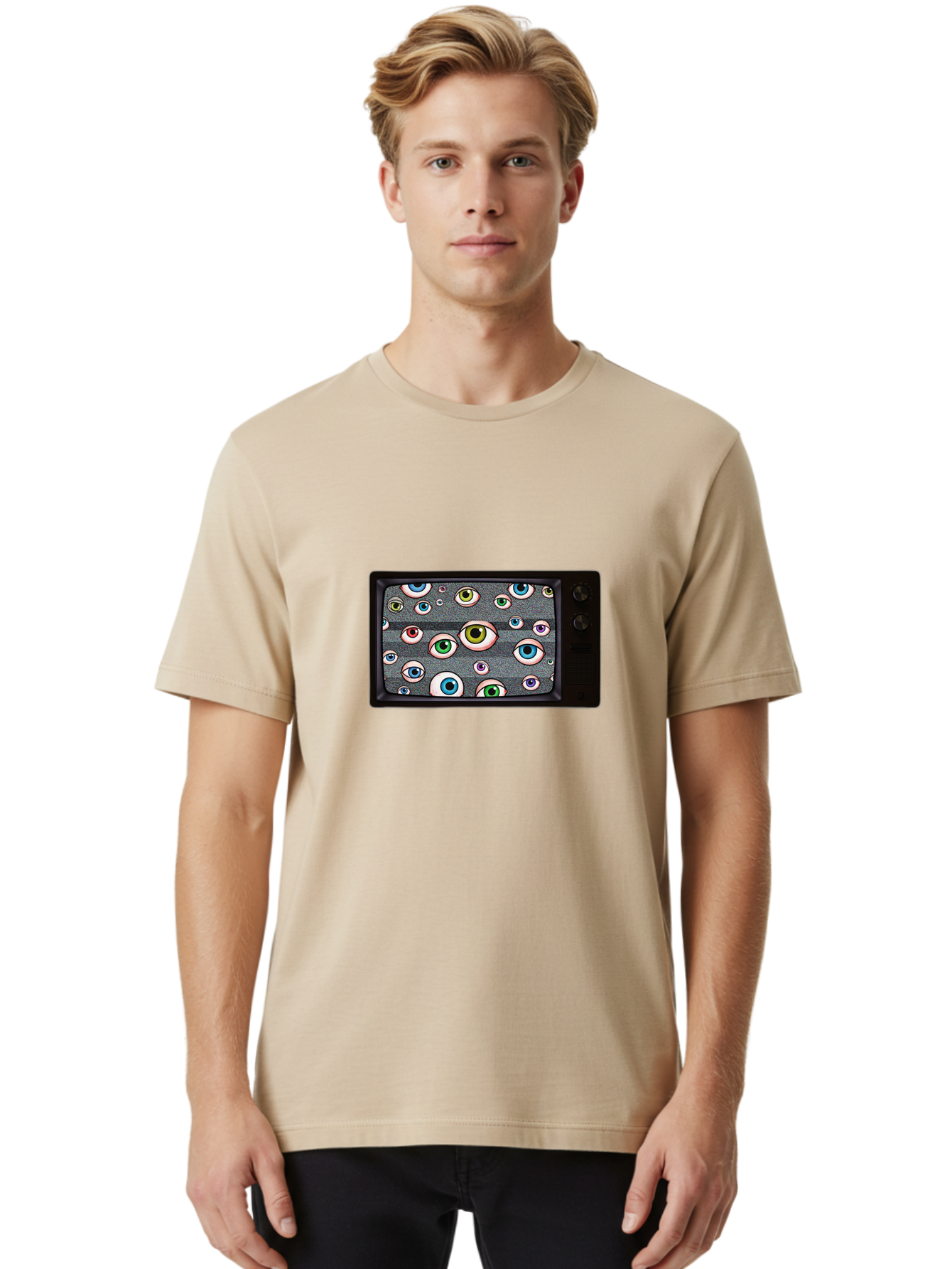 Eyes-On-Phone-Screen Men'S Graphic Tee, 100% Cotton, Comfortable Casual Summer Wear, Machine Washable, Vintage Camera, Old Camera, Antique Camera, Black Camera, Classic Photography, Photography Equipment, Nostalgic Device, Film Camera, Bak534