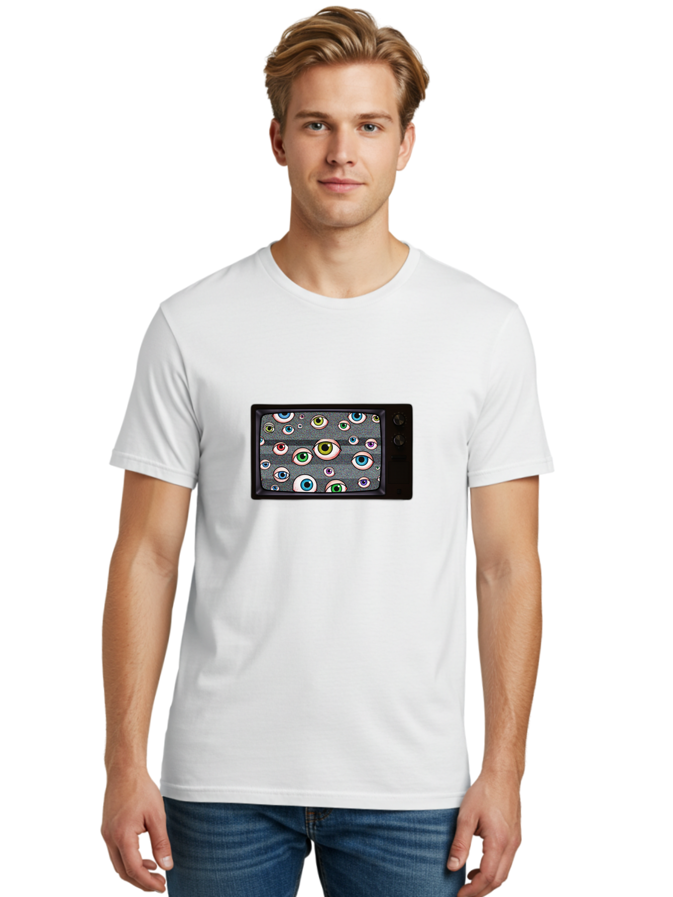 Eyes-On-Phone-Screen Men'S Graphic Tee, 100% Cotton, Comfortable Casual Summer Wear, Machine Washable, Vintage Camera, Old Camera, Antique Camera, Black Camera, Classic Photography, Photography Equipment, Nostalgic Device, Film Camera, Bak534