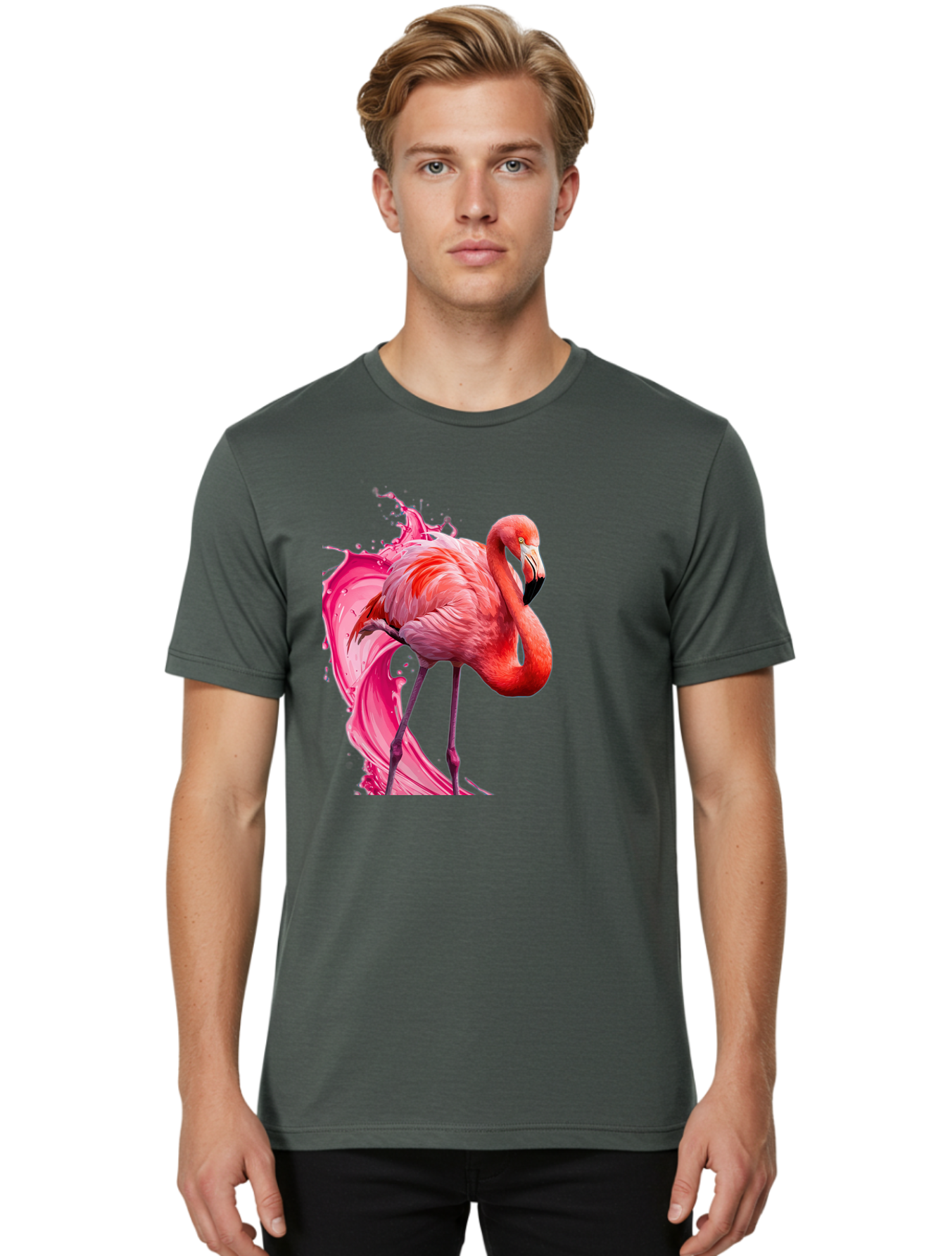 Flamingo-Splash-1 Men'S Graphic Tee, 100% Cotton, Comfortable Casual Summer Wear, Machine Washable, Vintage Camera, Old Camera, Antique Camera, Black Camera, Classic Photography, Photography Equipment, Nostalgic Device, Film Camera, Camera Art Bak598