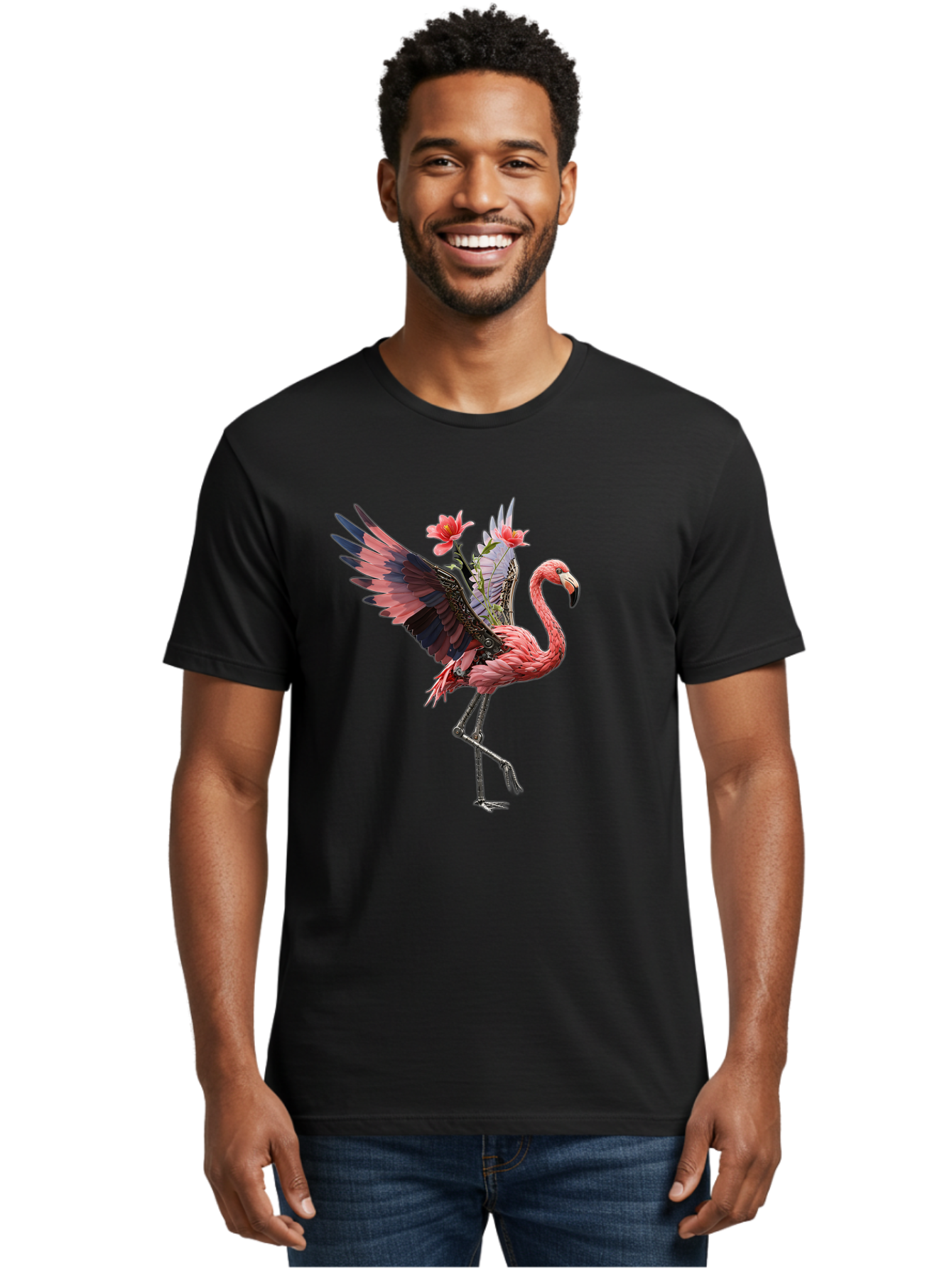 Flamingo-With-Robot-Parts Men'S Graphic Tee, 100% Cotton, Comfortable Casual Summer Wear, Machine Washable, Vintage Camera, Old Camera, Antique Camera, Black Camera, Classic Photography, Photography Equipment, Nostalgic Device, Film Camera, Bak604