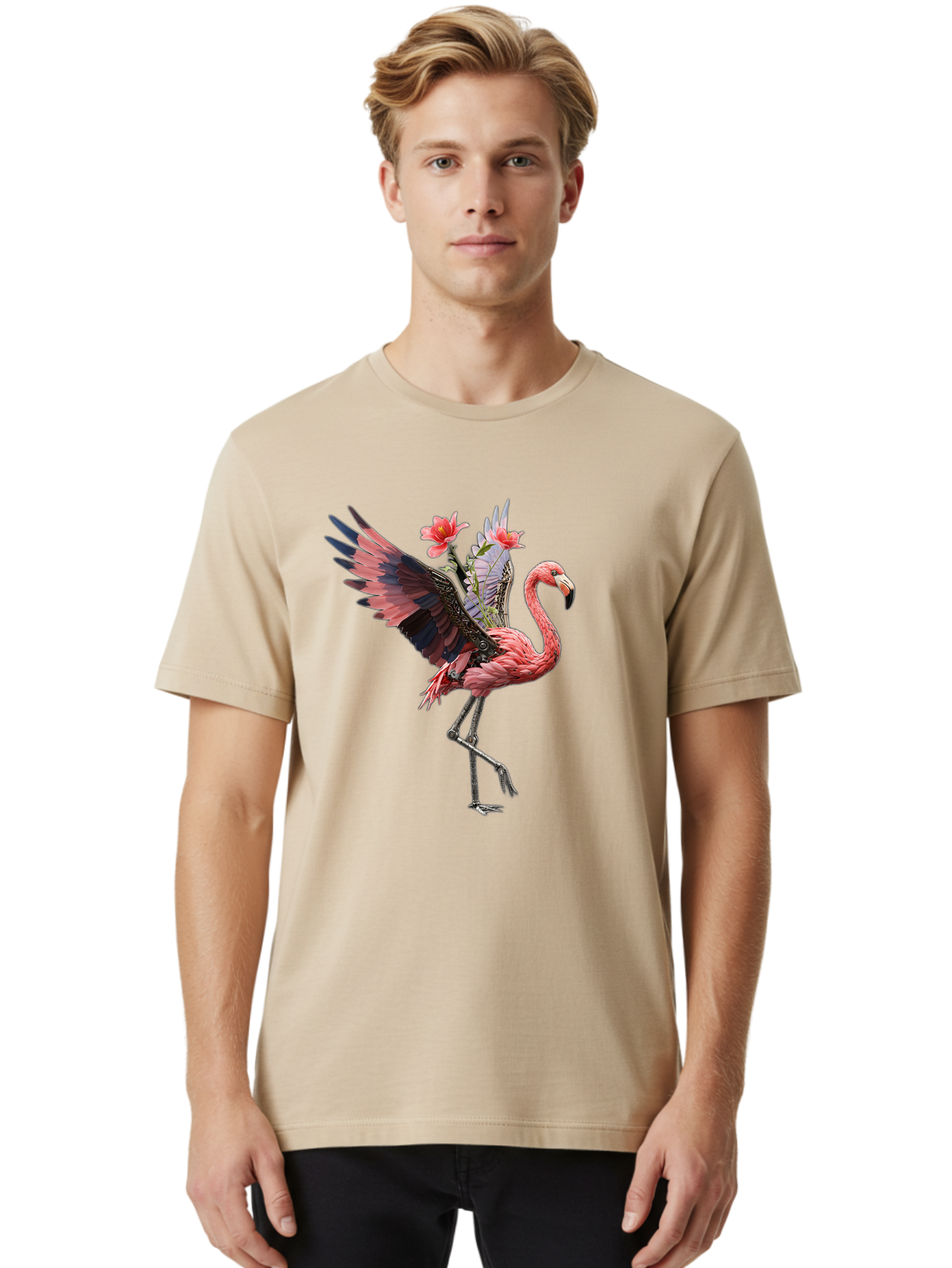 Flamingo-With-Robot-Parts Men'S Graphic Tee, 100% Cotton, Comfortable Casual Summer Wear, Machine Washable, Vintage Camera, Old Camera, Antique Camera, Black Camera, Classic Photography, Photography Equipment, Nostalgic Device, Film Camera, Bak604