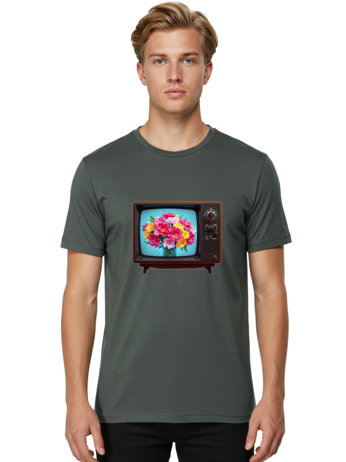 Floral-Bouquet-Tv Men'S Graphic Tee, 100% Cotton, Comfortable Casual Summer Wear, Machine Washable, Vintage Camera, Old Camera, Antique Camera, Black Camera, Classic Photography, Photography Equipment, Nostalgic Device, Film Camera, Camera Art Bak607