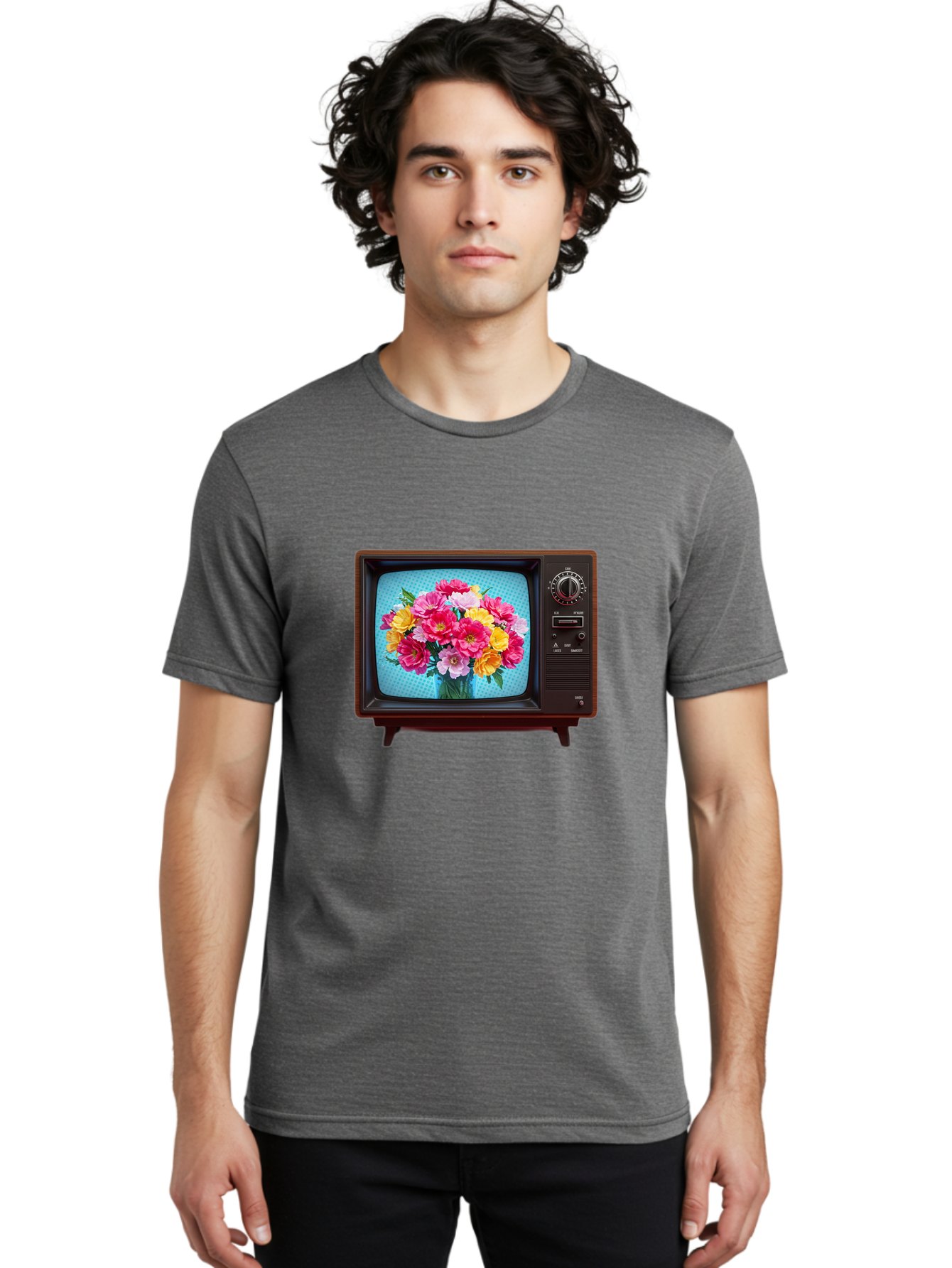 Floral-Bouquet-Tv Men'S Graphic Tee, 100% Cotton, Comfortable Casual Summer Wear, Machine Washable, Vintage Camera, Old Camera, Antique Camera, Black Camera, Classic Photography, Photography Equipment, Nostalgic Device, Film Camera, Camera Art Bak607