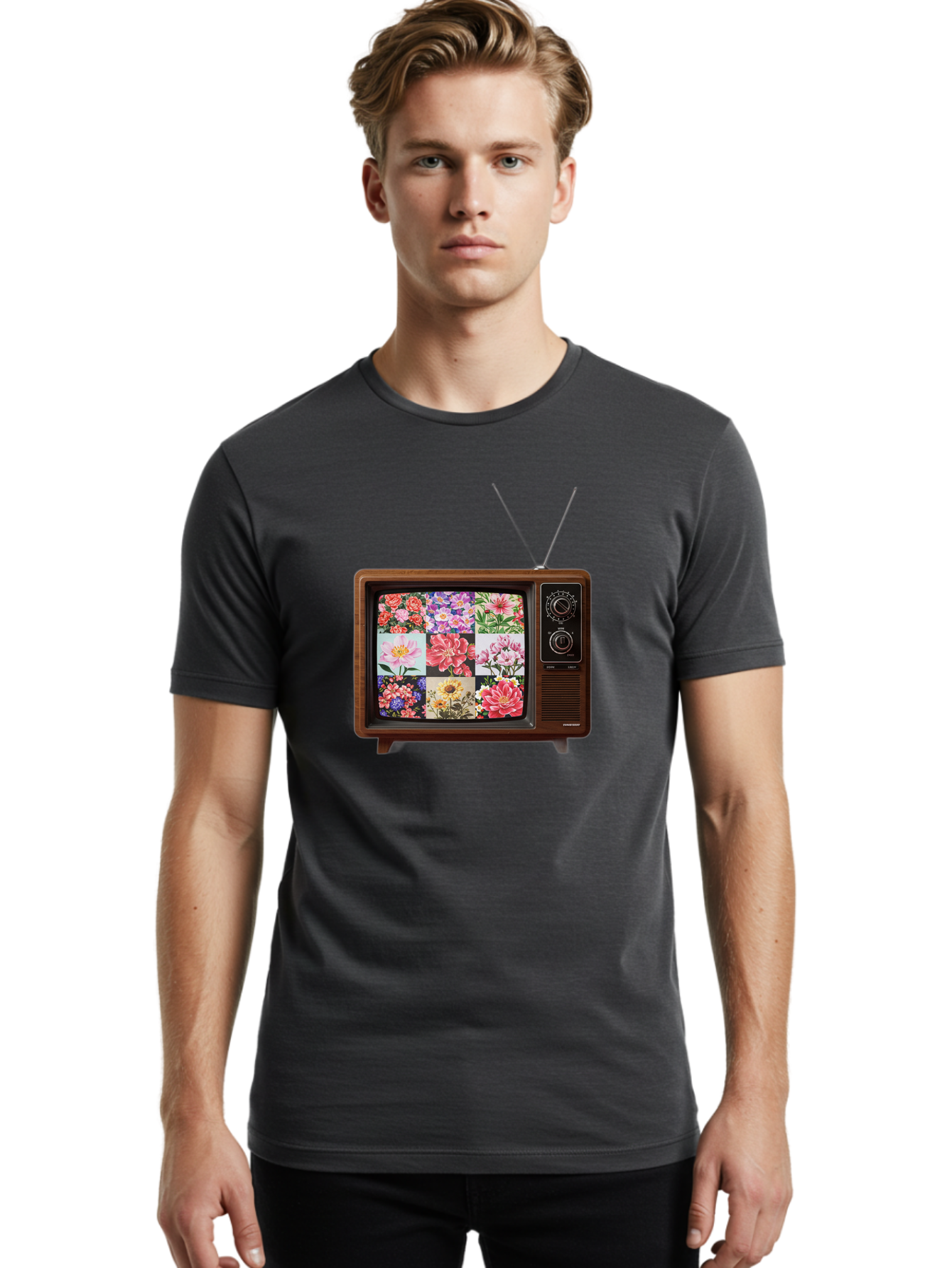 Flower-Collage-Tv Men'S Graphic Tee, 100% Cotton, Comfortable Casual Summer Wear, Machine Washable, Vintage Camera, Old Camera, Antique Camera, Black Camera, Classic Photography, Photography Equipment, Nostalgic Device, Film Camera, Camera Art Bak612