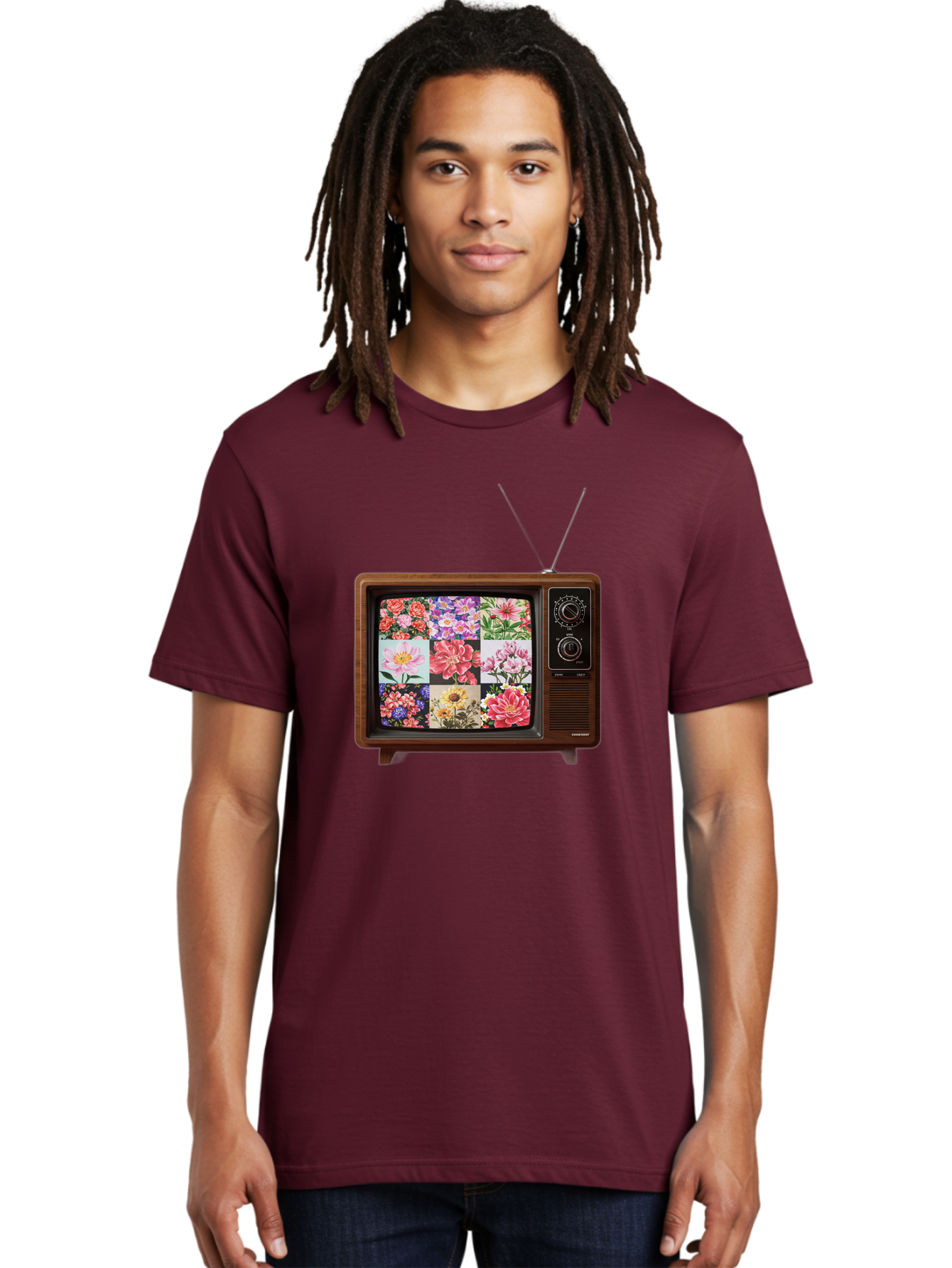 Flower-Collage-Tv Men'S Graphic Tee, 100% Cotton, Comfortable Casual Summer Wear, Machine Washable, Vintage Camera, Old Camera, Antique Camera, Black Camera, Classic Photography, Photography Equipment, Nostalgic Device, Film Camera, Camera Art Bak612