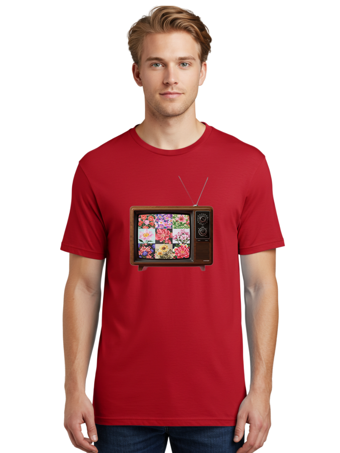 Flower-Collage-Tv Men'S Graphic Tee, 100% Cotton, Comfortable Casual Summer Wear, Machine Washable, Vintage Camera, Old Camera, Antique Camera, Black Camera, Classic Photography, Photography Equipment, Nostalgic Device, Film Camera, Camera Art Bak612