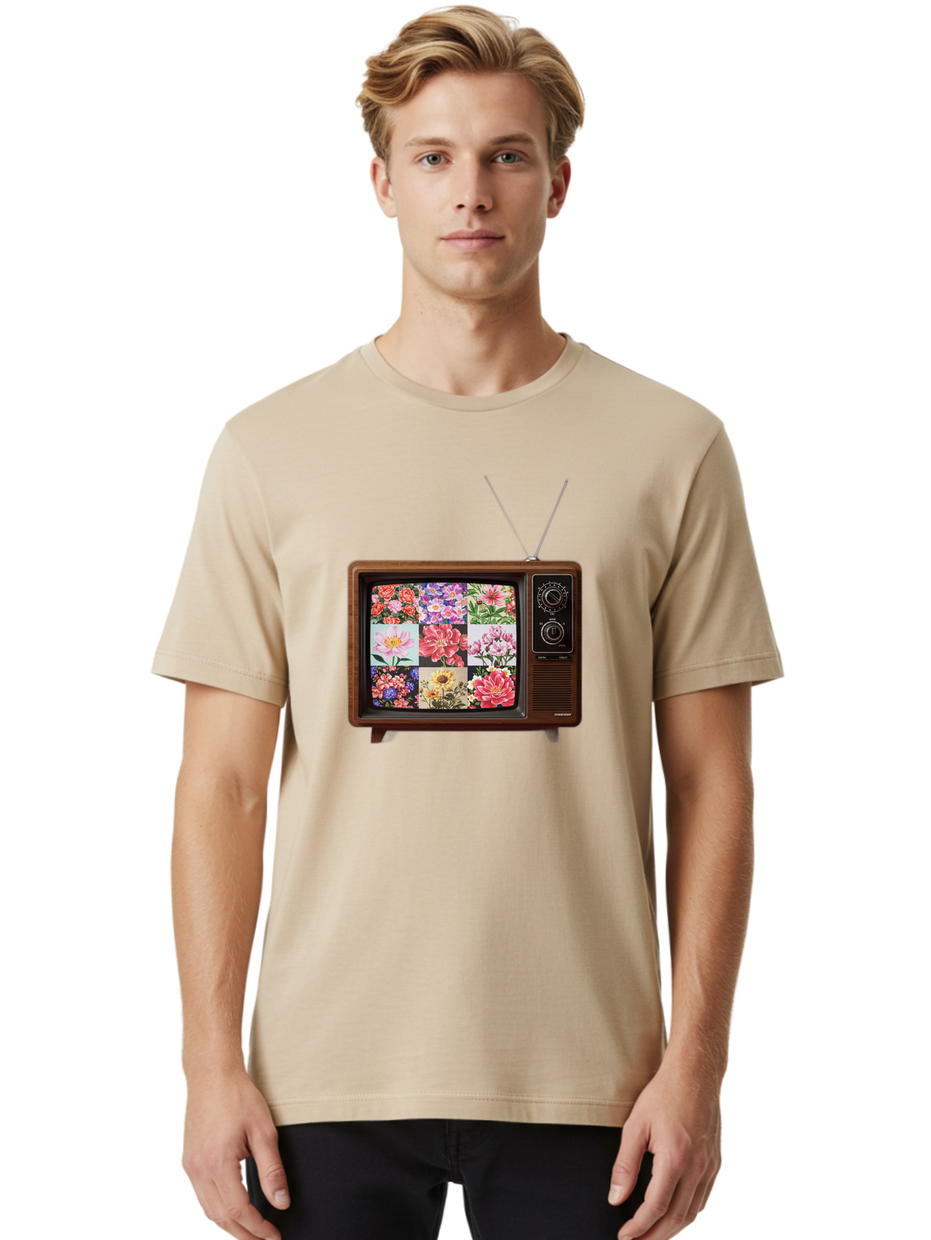 Flower-Collage-Tv Men'S Graphic Tee, 100% Cotton, Comfortable Casual Summer Wear, Machine Washable, Vintage Camera, Old Camera, Antique Camera, Black Camera, Classic Photography, Photography Equipment, Nostalgic Device, Film Camera, Camera Art Bak612
