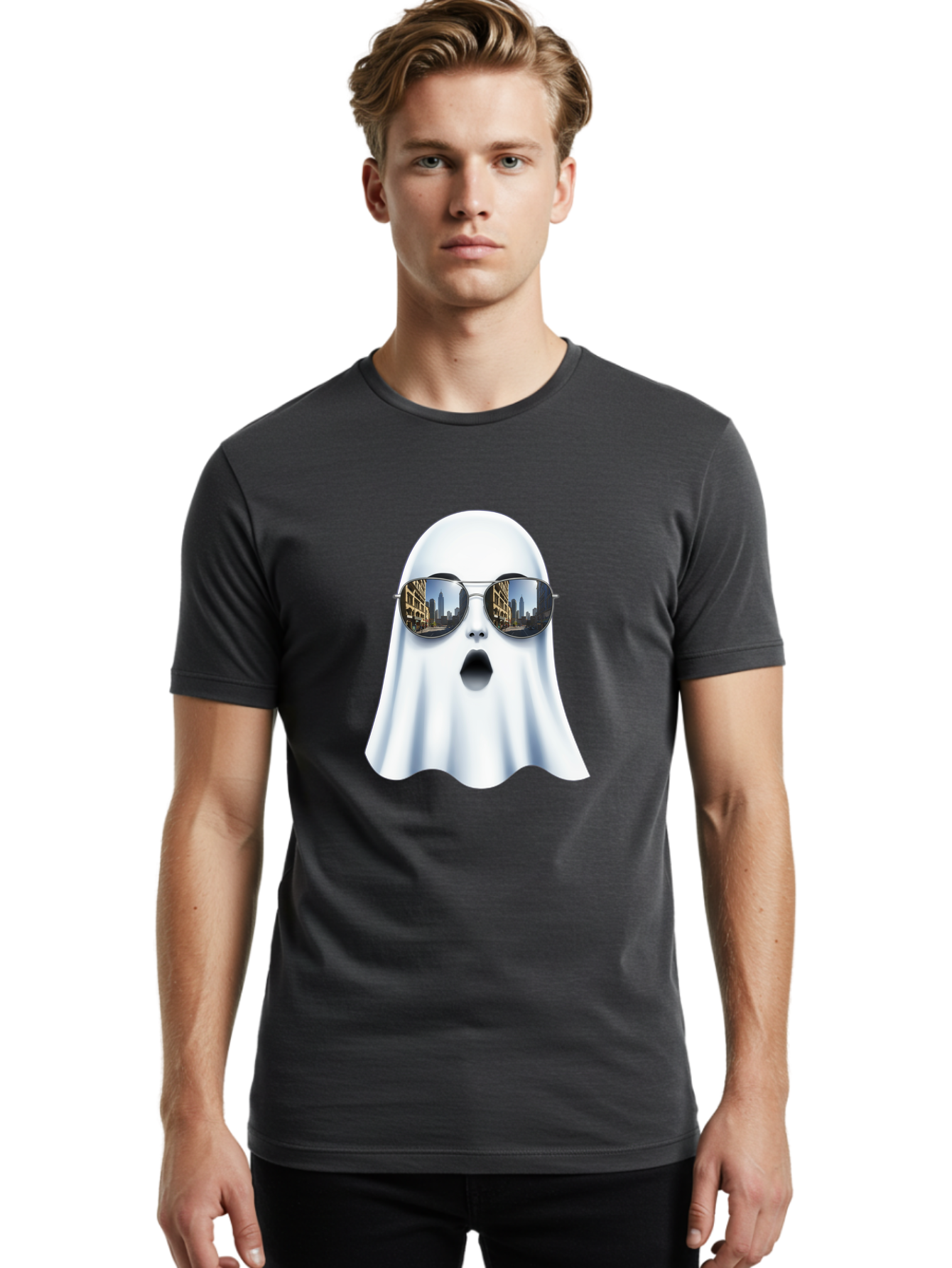Ghost-With-Sunglasses-1 Men'S Graphic Tee, 100% Cotton, Comfortable Casual Summer Wear, Machine Washable, Vintage Camera, Old Camera, Antique Camera, Black Camera, Classic Photography, Photography Equipment, Nostalgic Device, Film Camera, Bak679
