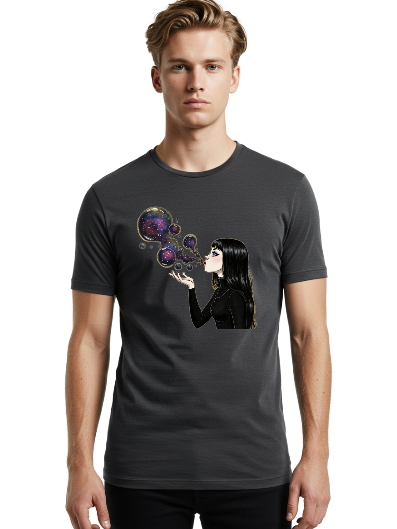 Girl-Blowing-Galaxy-Bubbles-1 Men'S Graphic Tee, 100% Cotton, Comfortable Casual Summer Wear, Machine Washable, Vintage Camera, Old Camera, Antique Camera, Black Camera, Classic Photography, Photography Equipment, Nostalgic Device, Bak684