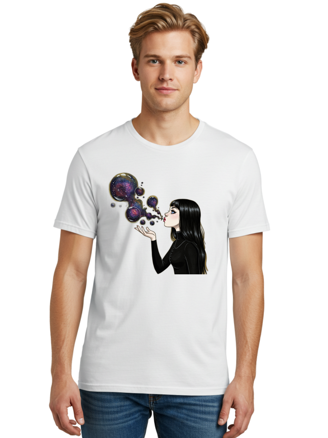 Girl-Blowing-Galaxy-Bubbles-1 Men'S Graphic Tee, 100% Cotton, Comfortable Casual Summer Wear, Machine Washable, Vintage Camera, Old Camera, Antique Camera, Black Camera, Classic Photography, Photography Equipment, Nostalgic Device, Bak684