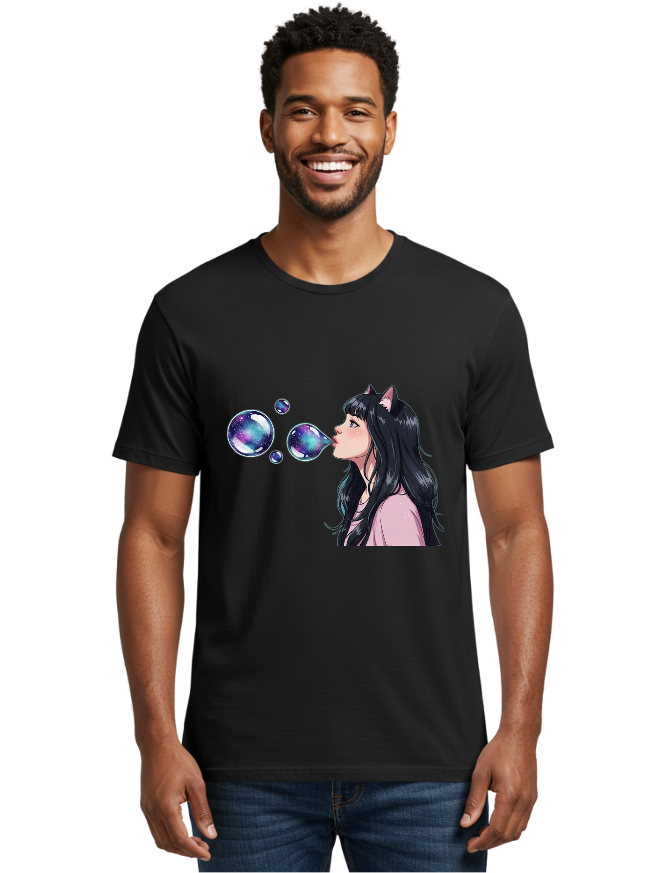 Girl-Blowing-Galaxy-Bubbles Men'S Graphic Tee, 100% Cotton, Comfortable Casual Summer Wear, Machine Washable, Vintage Camera, Old Camera, Antique Camera, Black Camera, Classic Photography, Photography Equipment, Nostalgic Device, Film Camera, Bak685