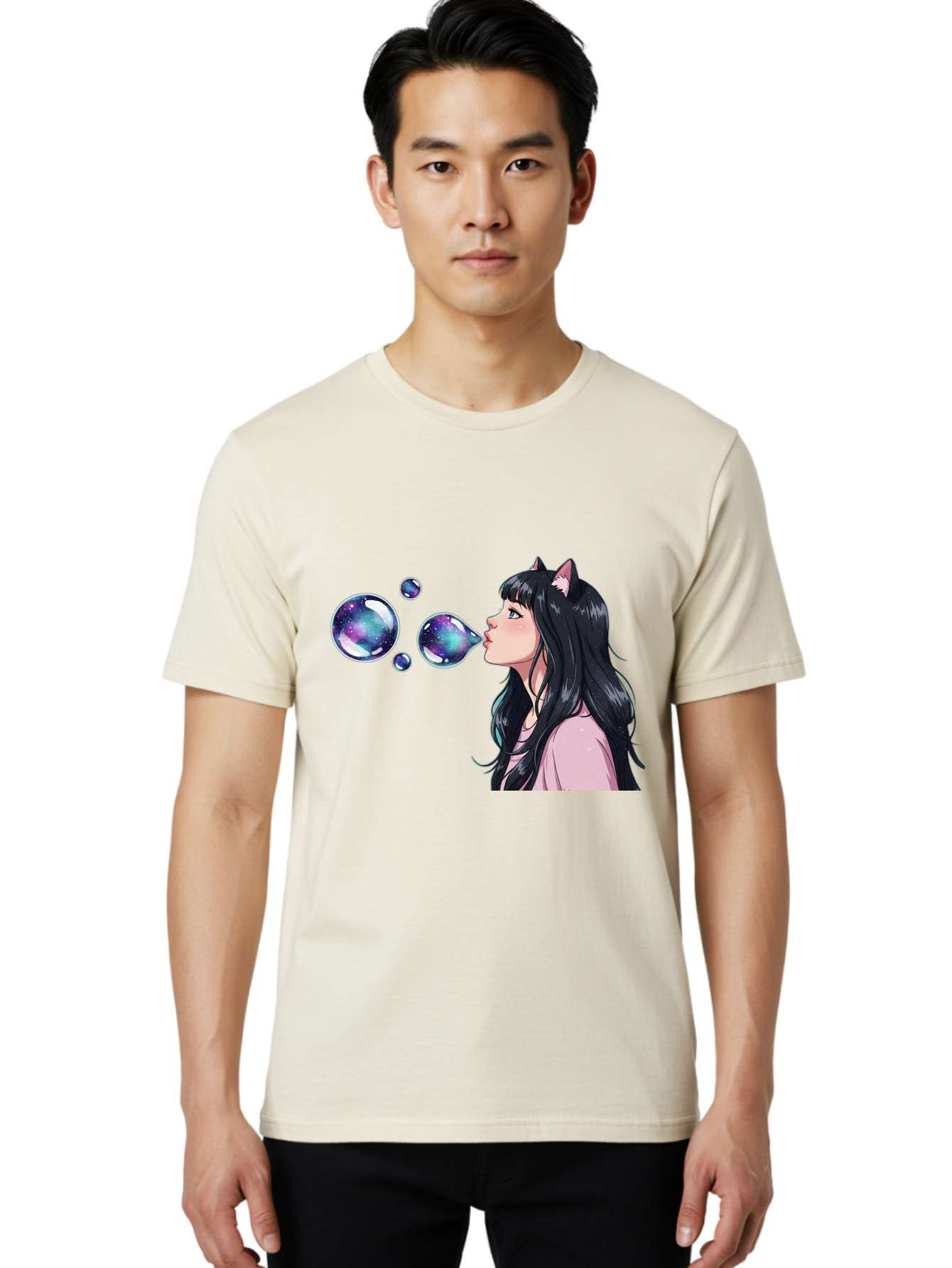 Girl-Blowing-Galaxy-Bubbles Men'S Graphic Tee, 100% Cotton, Comfortable Casual Summer Wear, Machine Washable, Vintage Camera, Old Camera, Antique Camera, Black Camera, Classic Photography, Photography Equipment, Nostalgic Device, Film Camera, Bak685